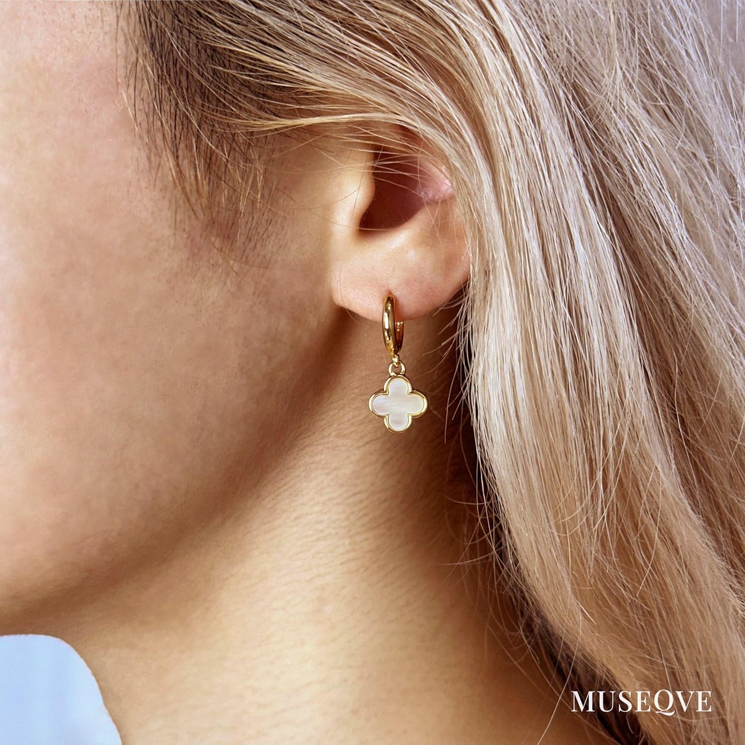 Four Leaf Clover Dangle Earrings for Women • 14K Gold Plated White Mother of Pearl/Black Onyx/CZ Diamond Lucky Clover Charm Drop Huggie Hoops Earrings [CVRE] - Image 2