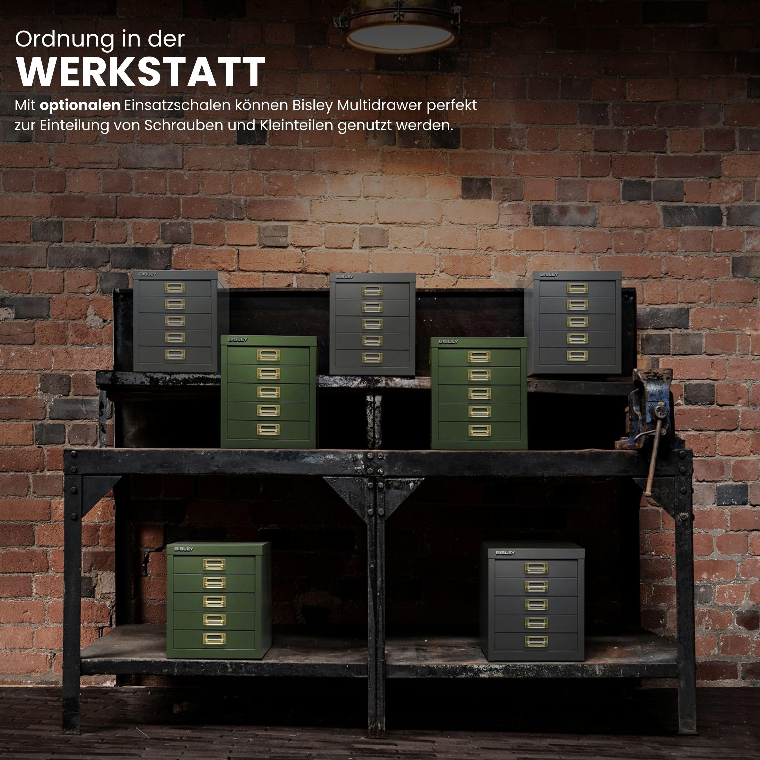 Bisley Multidrawer Schubladenschrank aus Metall mit 15 Schubladen DIN A4 ohne Sockel - Farbe: Grün