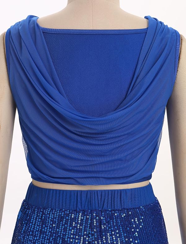 AFAVOM Women's Royal Blue Sequin Lyrical Dance Costume - Sleeveless Ruffle Crop Top & Wide Leg Pants - Adult Contemporary Dance Costumes - XS-XL by AFAVOM - Image 5