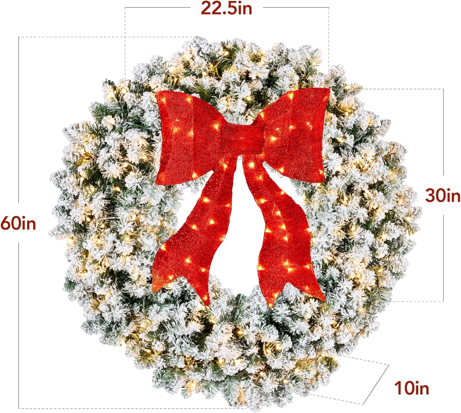 Diagram showing the dimensions of the 60-inch flocked Christmas wreath, including its diameter and height.