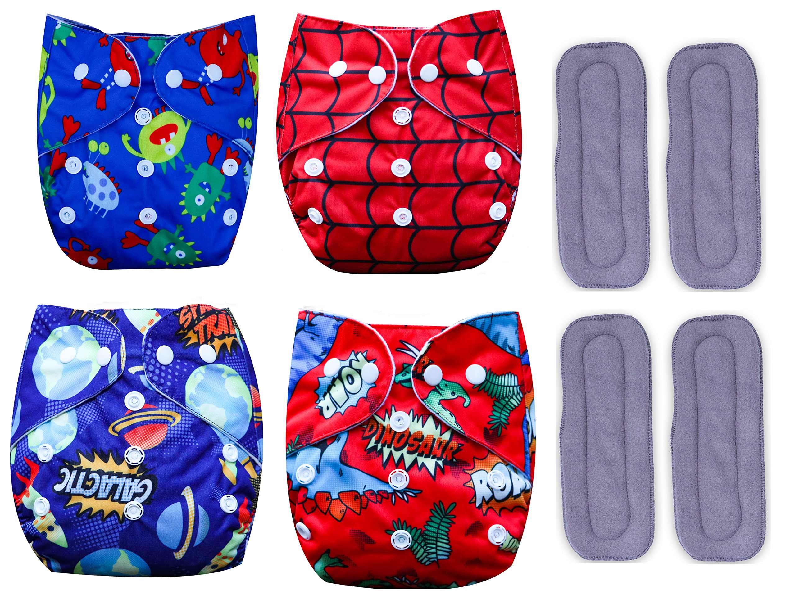 DEXTRO DXT116 Baby Cloth Diapers for Babies 0-2 Years Reusable Washable Adjustable Nappies Snap Buttons And Wet-Free Insert Pads, Multicolor, Pack Of 4 Pocket Diaper, Cloth Diaper for New Born