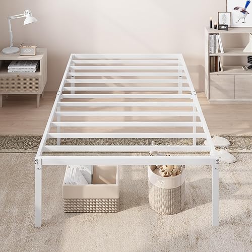 Miniatura 9 de Allewie Base de cama individual, camas de plataforma de metal de 18 pulgadas con espacio de almacenamiento, no necesita somier y fácil montaje,