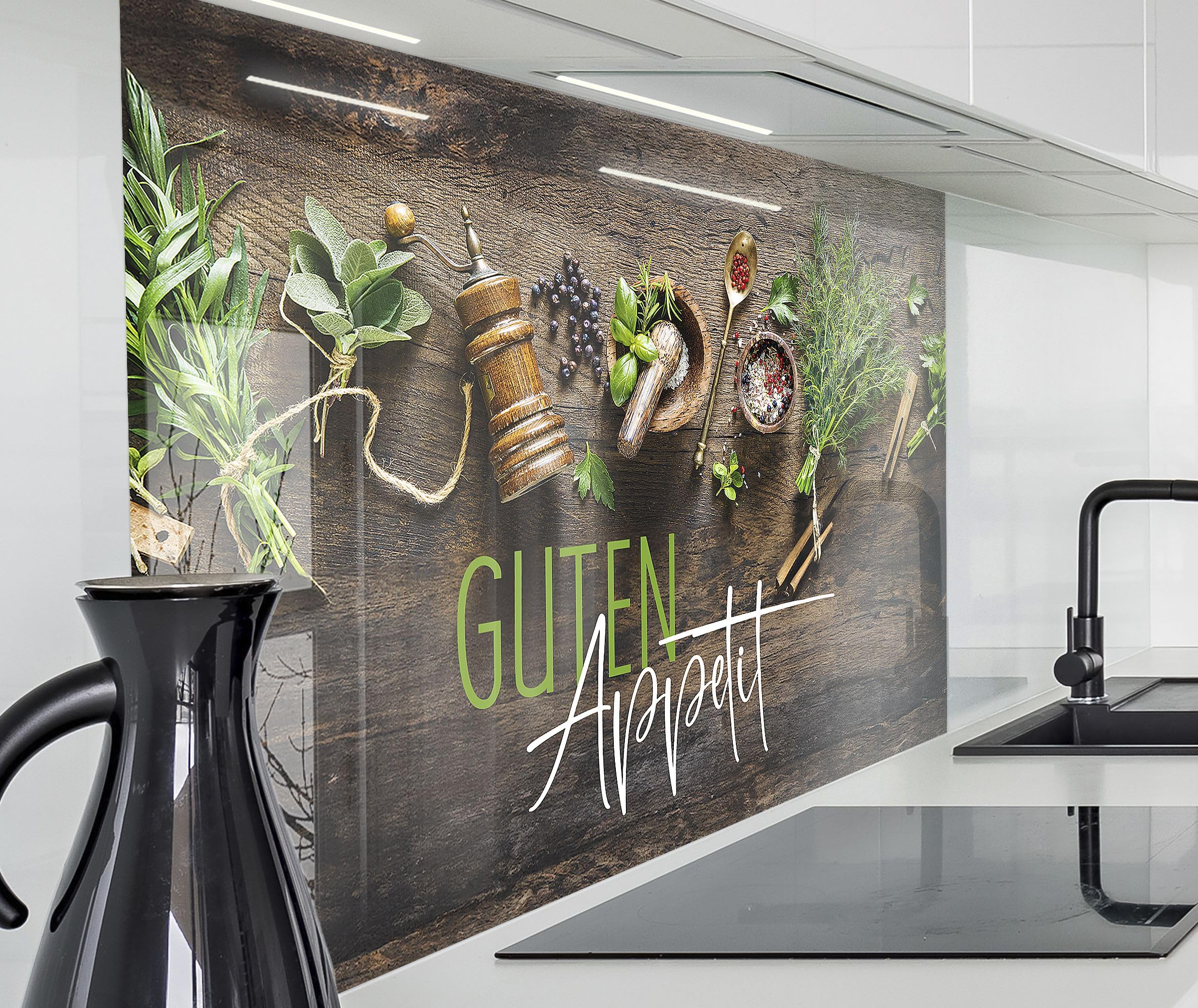 Herd Spritzschutz Wand Spüle Küchenrückwand Glasoptik Acryl Glas 2mm 160x50cm Kräuter Gewürze Text Guten Appetit