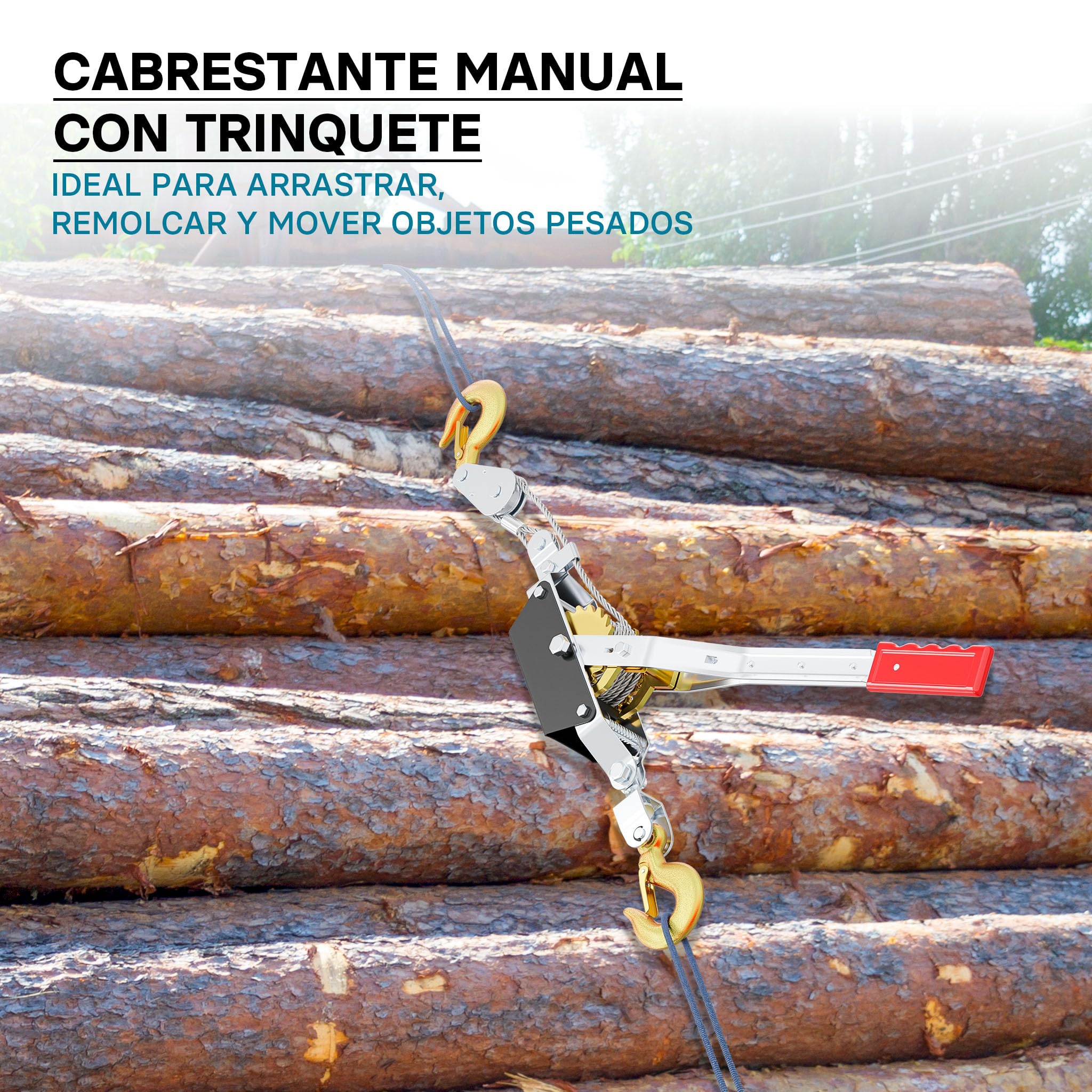 Cabrestante Manual 4000kg 3 m cable palanca tracción 2 ganchos arrastre portátil