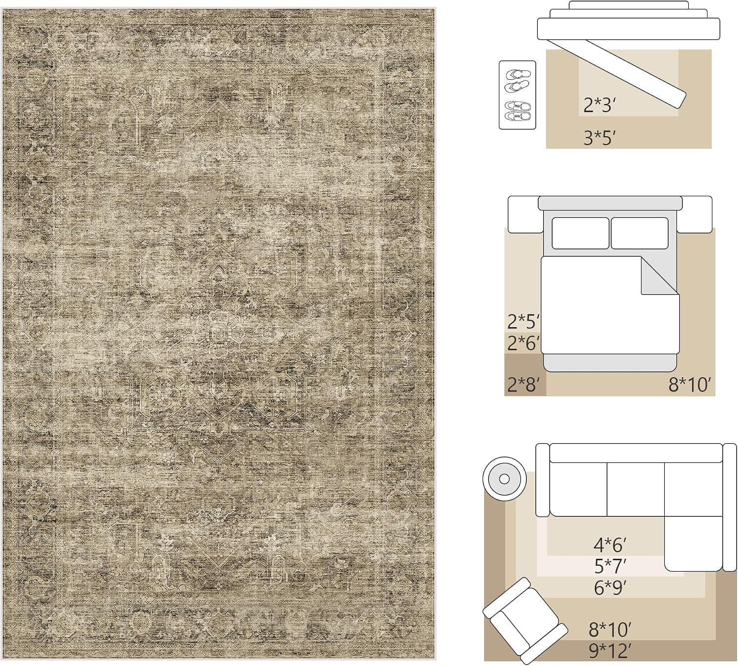 Fmfunctex 8x10 Washable Area Rug Brown Vintage Neutral Distressed Oriental Large Non Slip Carpet for Living Room Bedroom Soft Low Pile Indoor Mat Retro Throw Rug for Dining Room Kitchen Office Nursery