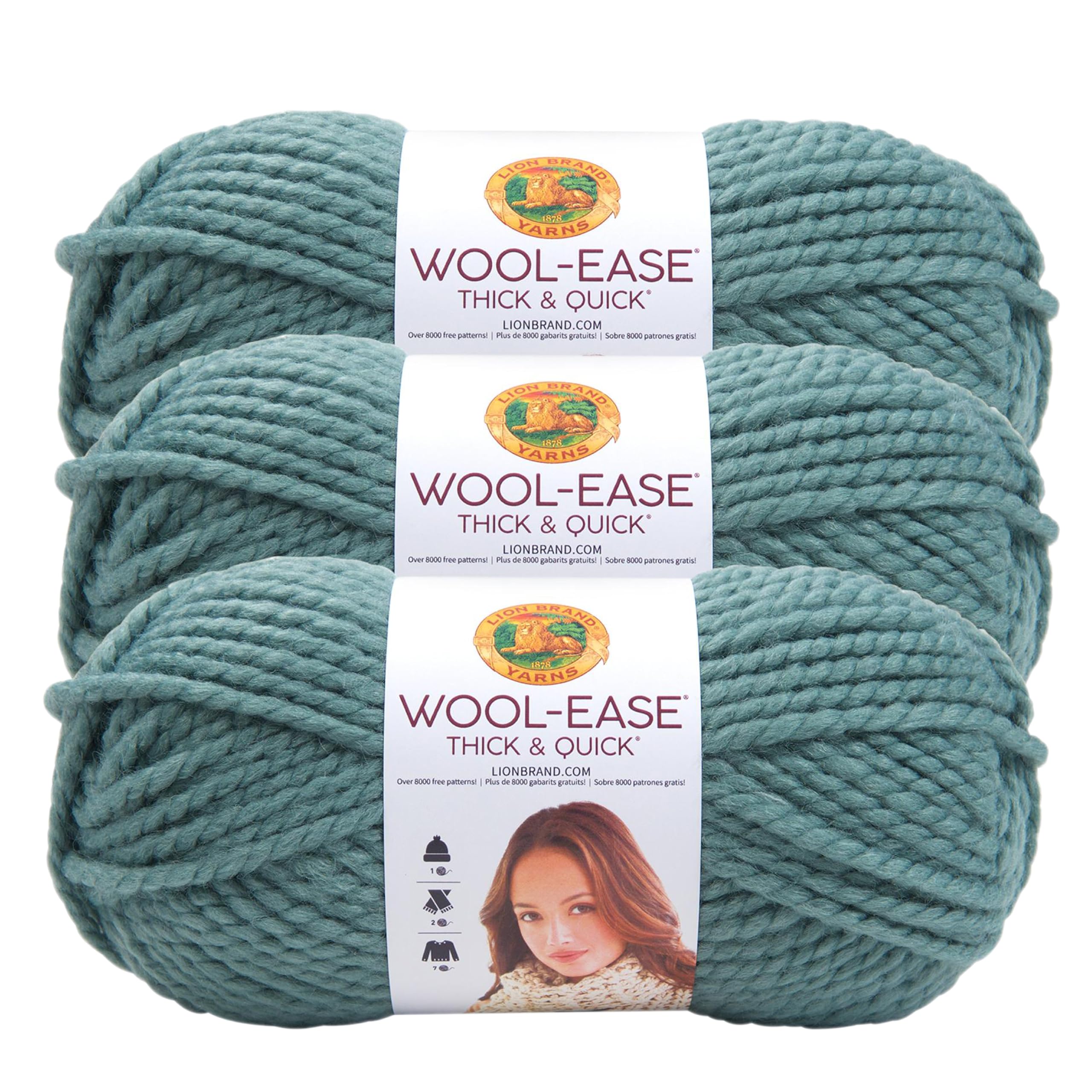 Lion Brand Yarn, Wool-Ease Thick &amp; Quick Yarn, Succulent, Green, 3 Pack