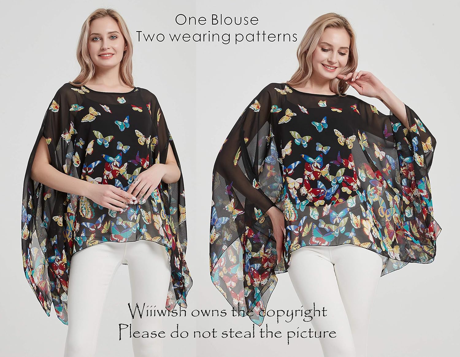 Wiiiwish Women's Floral Chiffon Blouse Batwing Summer Hippie Sheer Loose Caftan Poncho Tunic Shirt Tops - Image 2