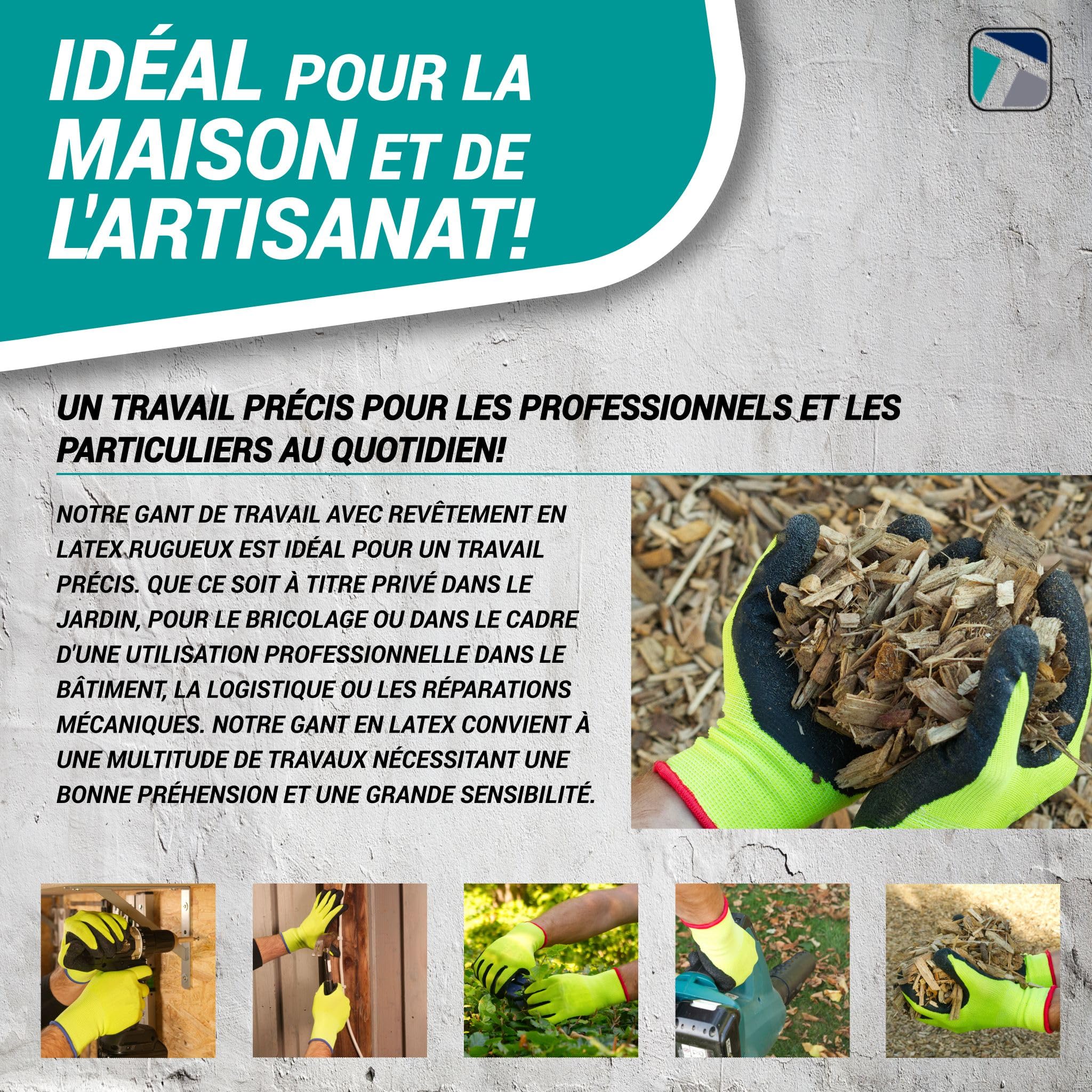 Trevendo 60 paires de gants de travail - gants de montage jaune fluo avec revêtement latex (Taille 8)