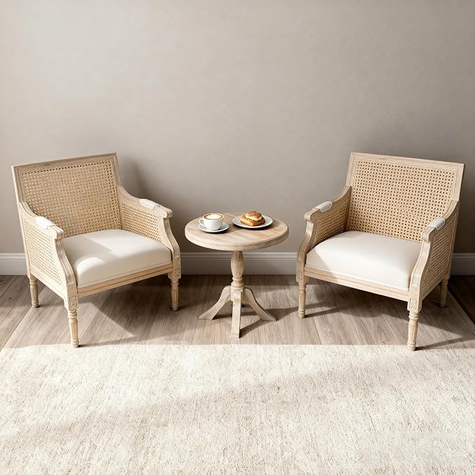 Sillón Tapizado Beige con Espalda de Ratán Vintage miniatura 9