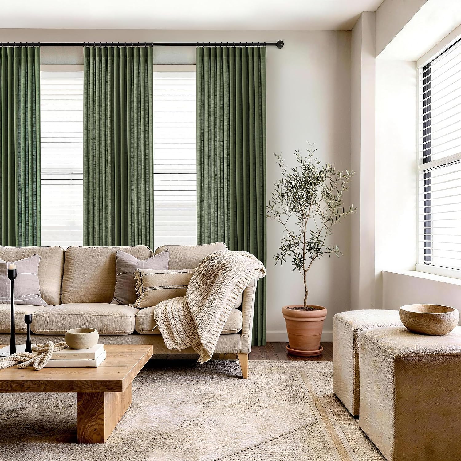 DUALIFE 90 Inch Linen Pencil Pleat Curtains 2 Panels Dark Olive W42 x L90 image 5