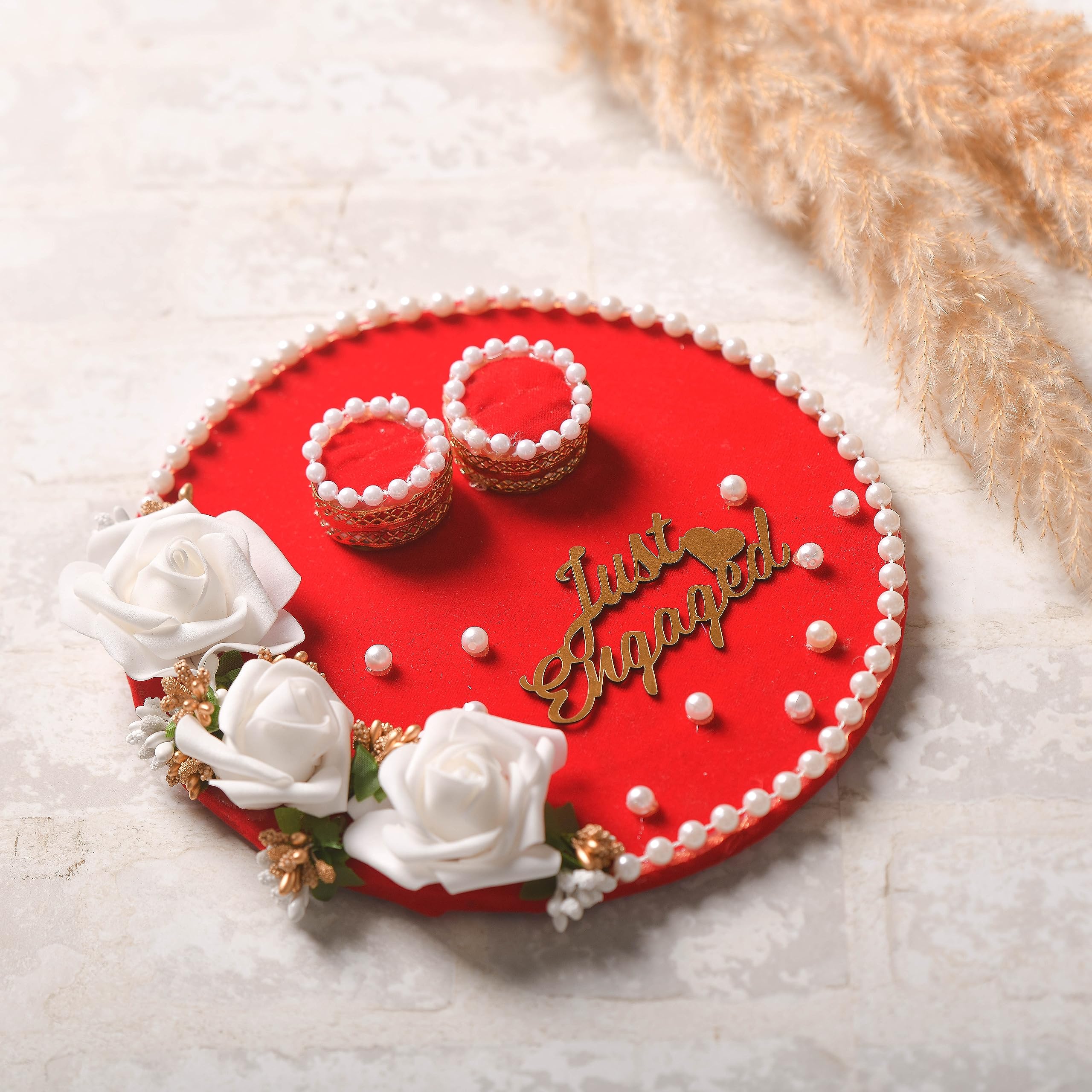 Mridang Engagement Wedding Ring Platter Just Engaged Thali | Wedding Ring Platter | Marriage Décor | Engagement Tray (Red,White) velvet