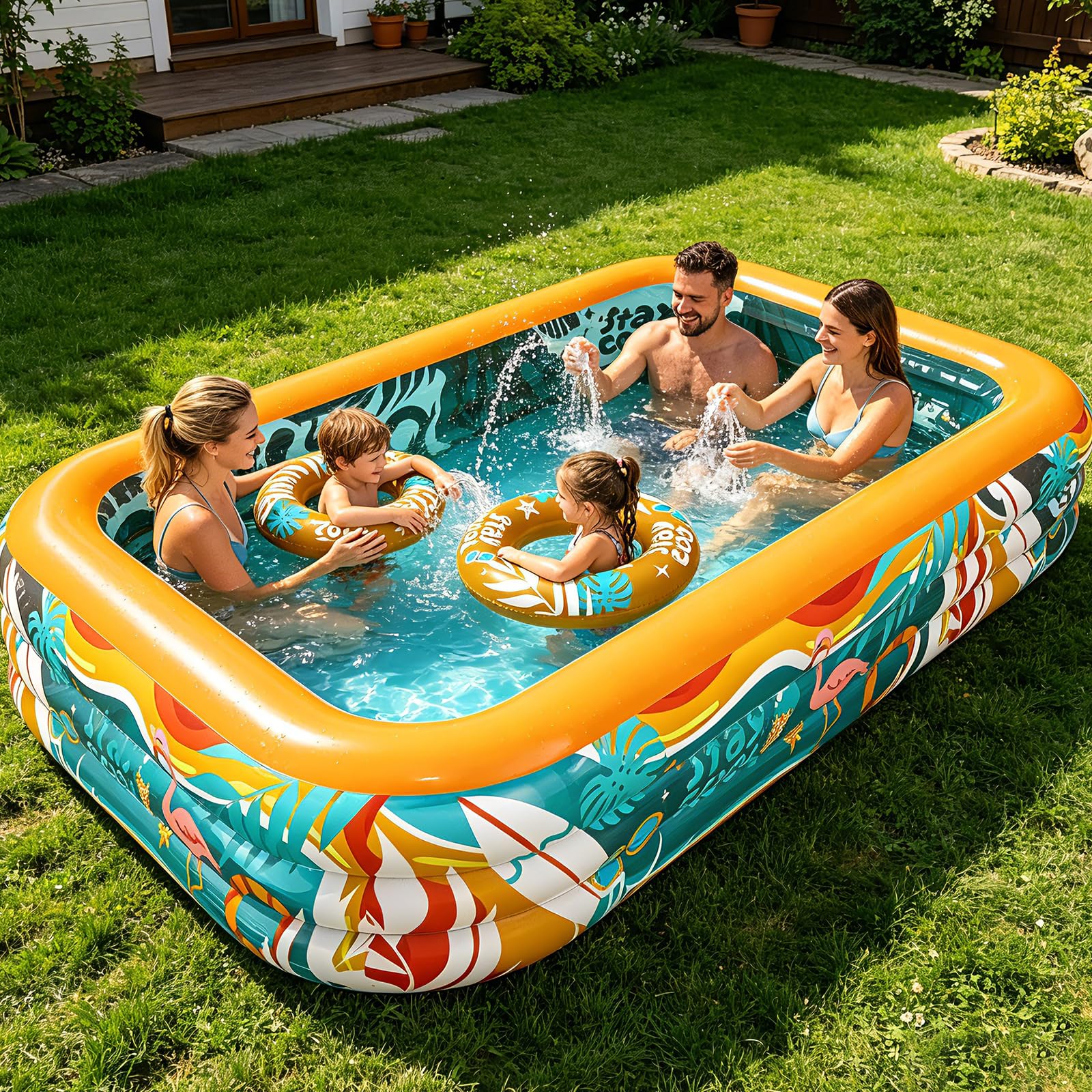 Skirfy Aufblasbarer Pool, 305 x 183 x 56 cm XXL Gartenpool, Verdickter Kinderpool für Erwachsene & Kinder, 2 Schwimmringe,Sommer Outdoor Pool für Garten