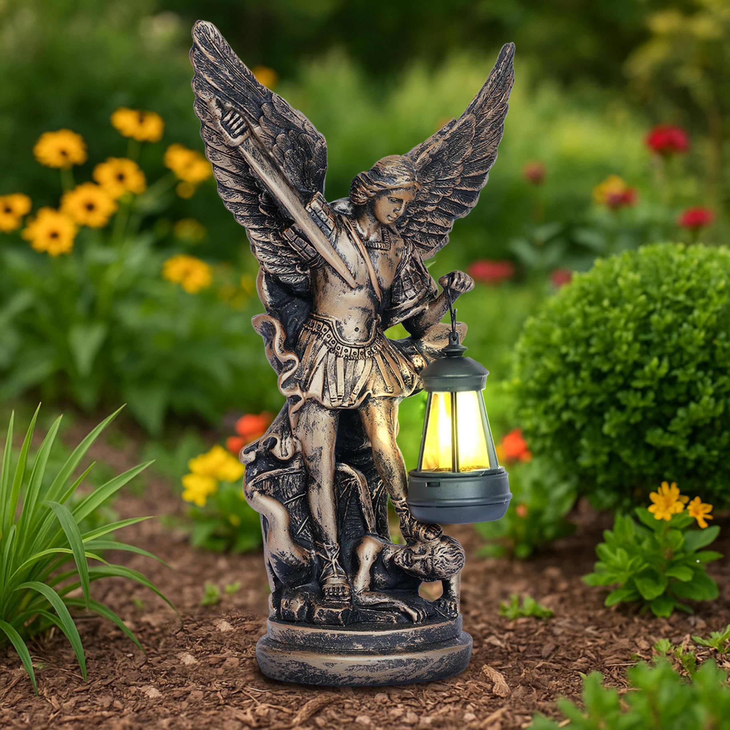 Solar San Miguel Arcangel - Estatuas de decoración de jardín al aire libre, 12.4 pulgadas, satue solar de San Miguel Arcángel para patio, césped, porche, decoración de resina, figura de San Miguel