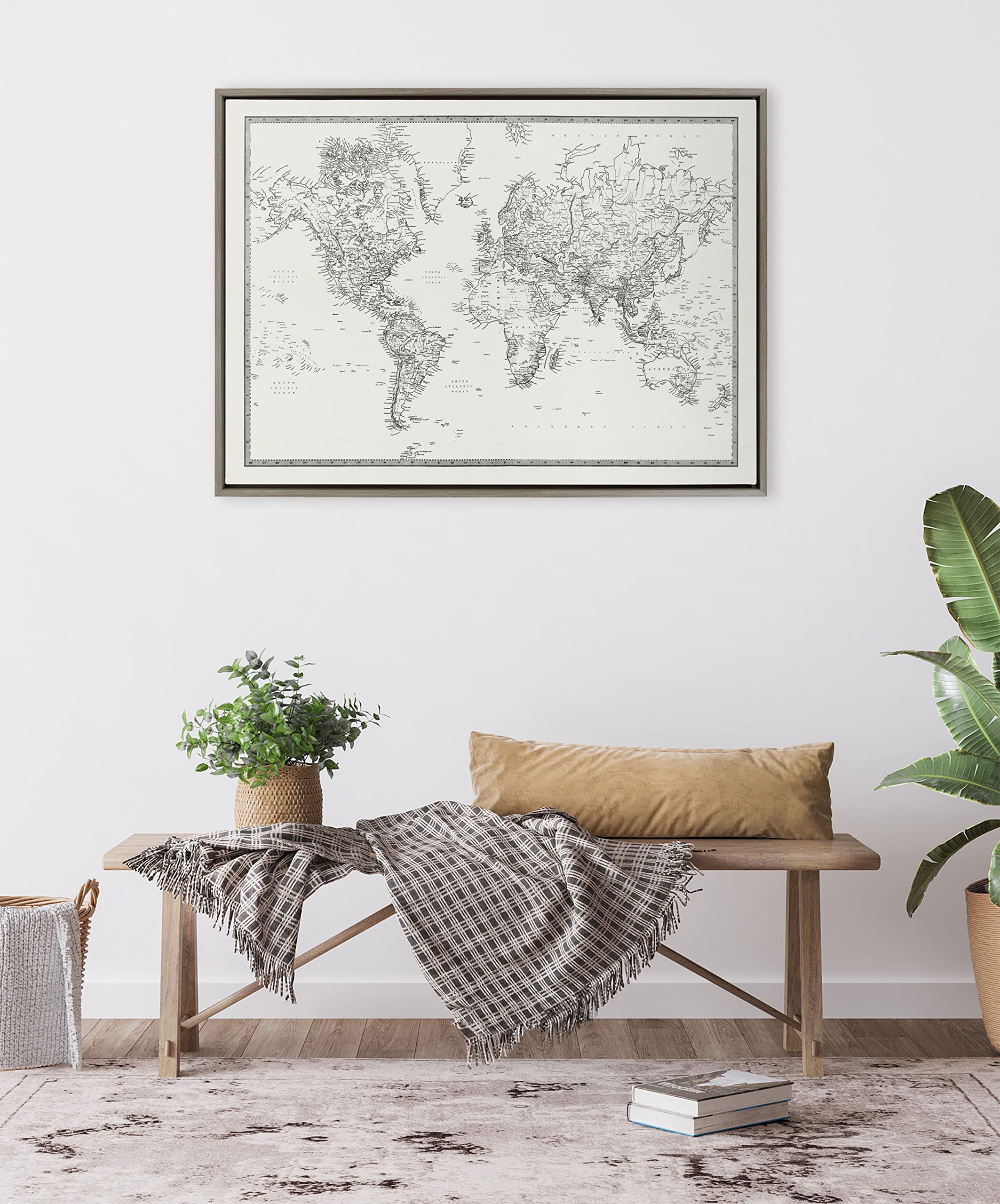 Kate and Laurel Sylvie Vintage Black and White World Map Framed Canvas Wall Art by The Creative Bunch Studio, 28x38 Gray, Home Office Art Wall DÃ©cor
