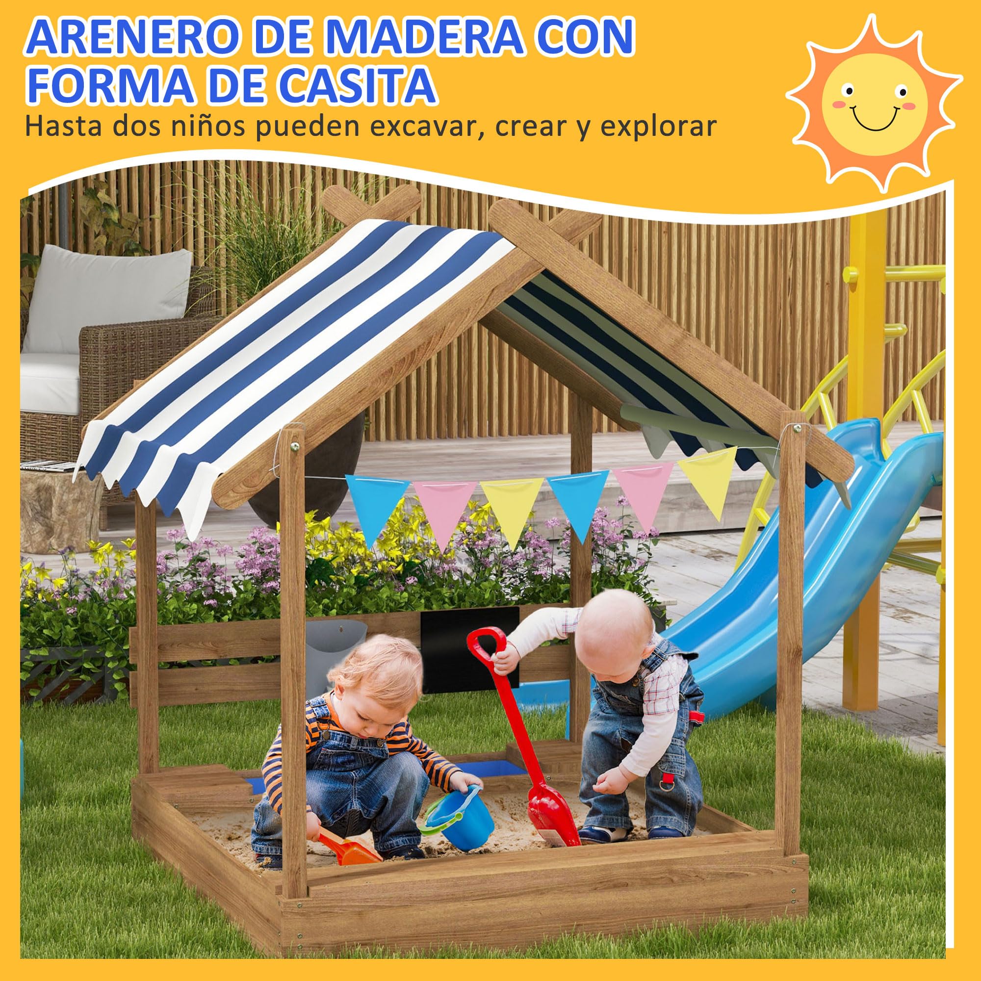 Outsunny Arenero para Niños de Madera, Arenero Infantil en Forma de Casa con 2 Asientos, Toldo, 6 Banderines, 2 Bandejas Extraíbles, Grifo y Pizarra, para Patio, Jardín, 124x116x146 cm, Marrón