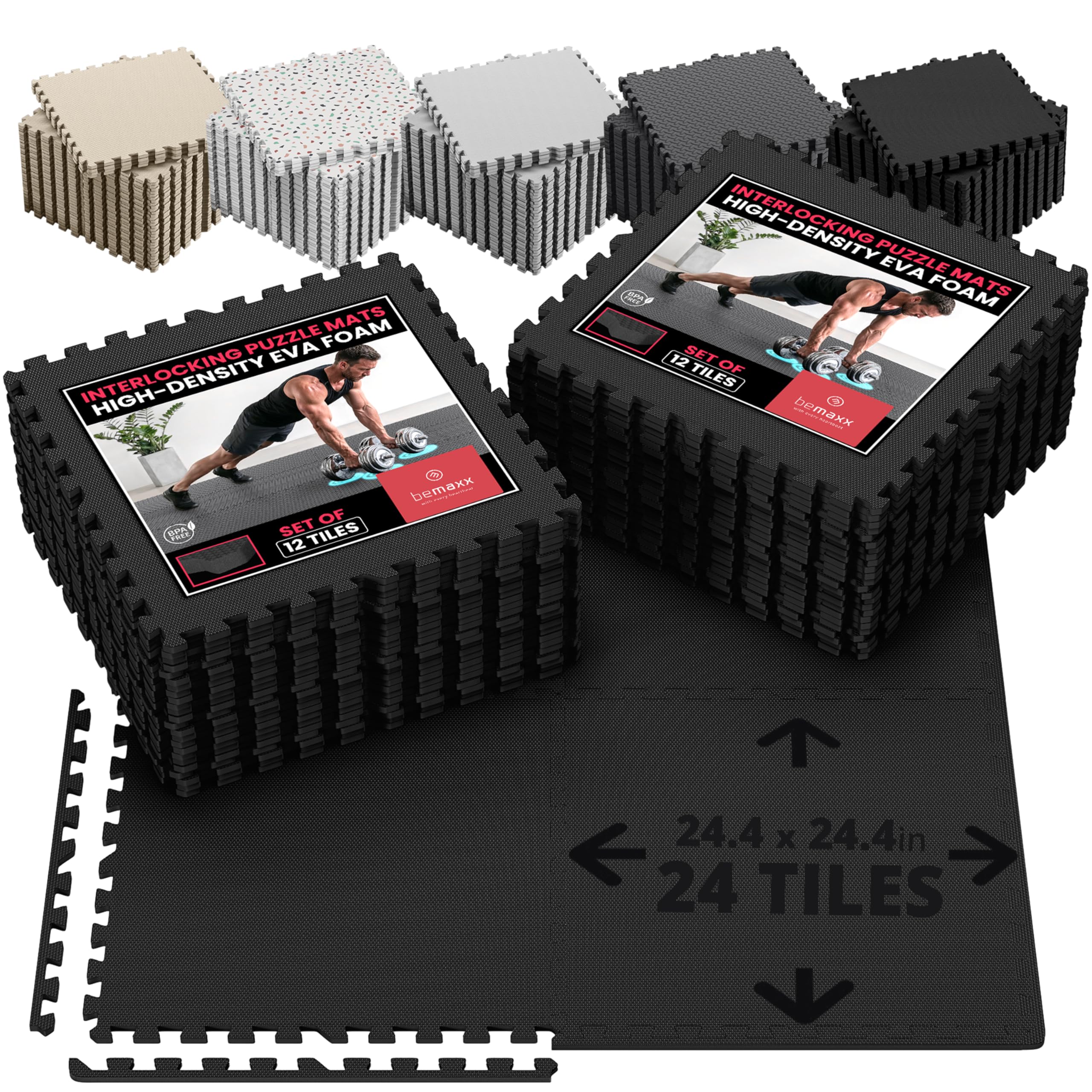 bemaxx Gym Mats Set - 24 pcs EVA Interlocking Foam Floor Tiles (24.4"x24.4"x0.4") 96 sqft Protective Gym Flooring Sports Home Workout Exercise Mats Puzzle Garage Fitness Play-Room Pool Treadmill Bike