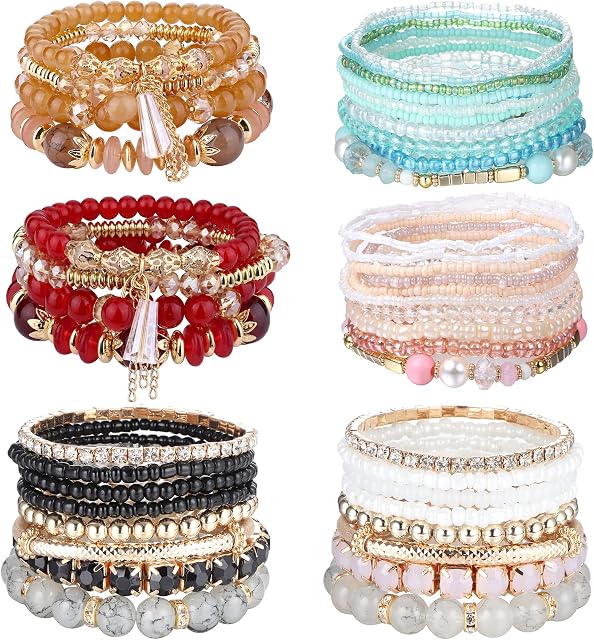 ADRAMATA 6 Sets Bohemian Bracelets for Women Girls Stackable Multilayer Beaded Bracelets Summer Beach Jewellery Friendship Bracelets Stretch Boho Bracelets