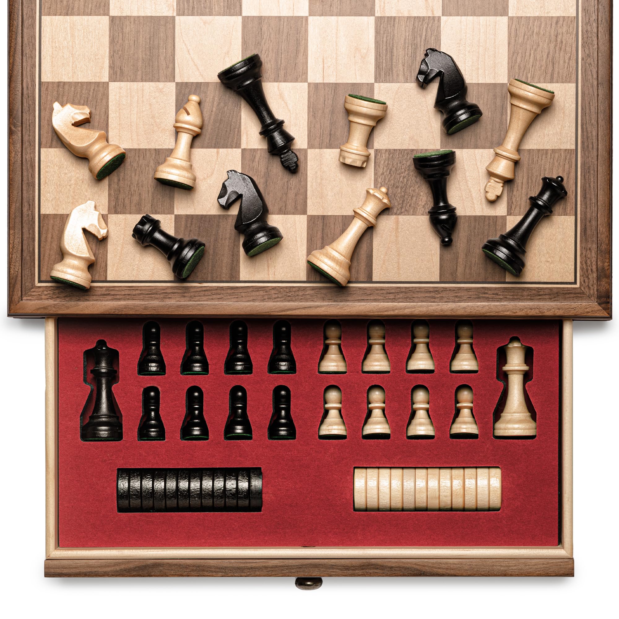 A&A Jeu d'échecs 2 en 1, 38 x 38 cm, en bois de noyer, avec tiroir de rangement, triple poids - Hauteur roi : 7,6 cm - 2 reines supplémentaires, échecs et dames