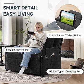 Sleeper Loveseat with USB and Type-C Ports, 3 in 1 Convertible Sofa Bed with Phone Holder, Pull Out Sofa Bed, Loveseat Sleeper Sofa for Living Room, Adjustable Backrest, Side Pockets, Black