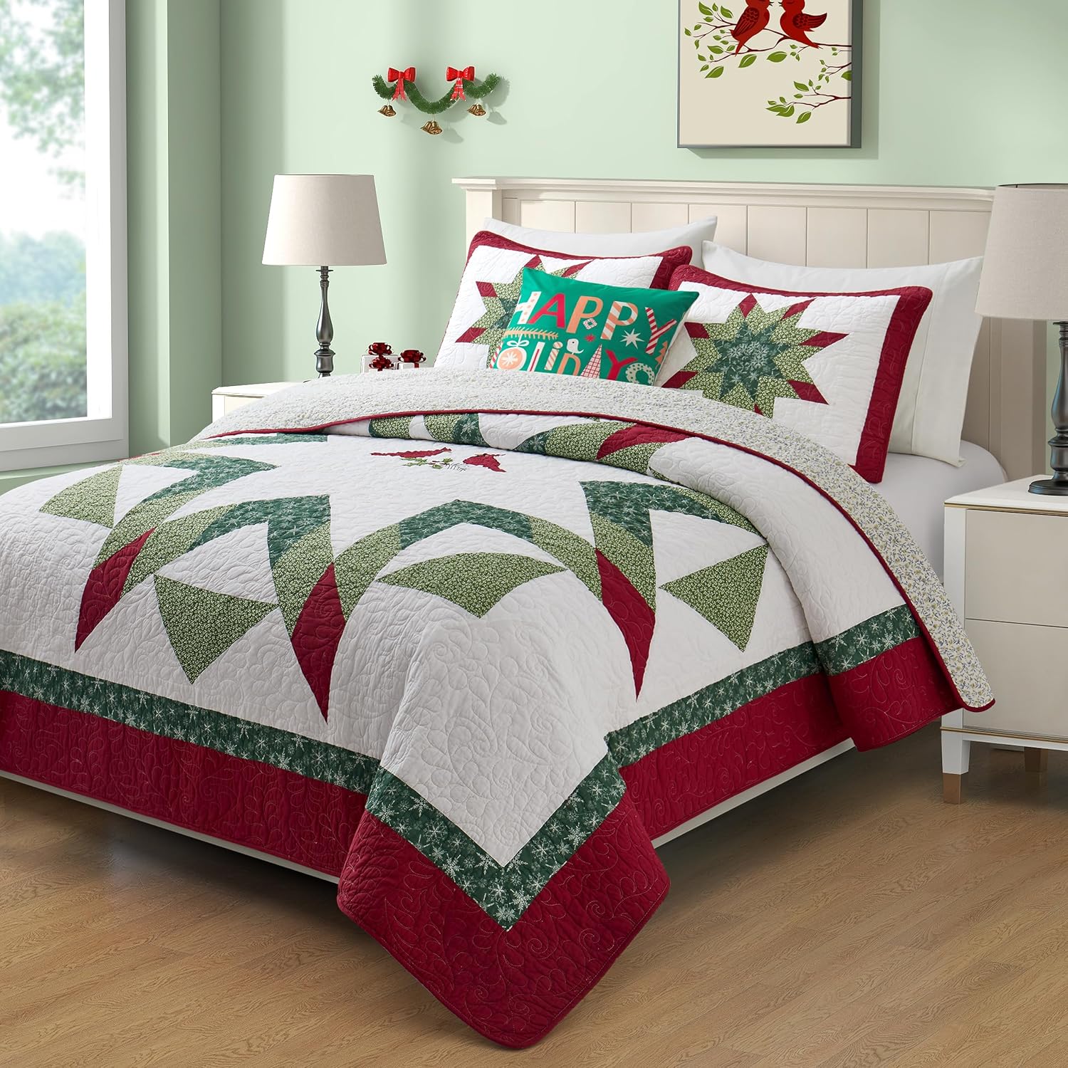 King Size Christmas Bedding Quilt Set 100% Cotton Red Bird White Snowflake Pattern Bedspread Real Patchwork Star Hand Made 3 Peice Wedding Ring Set