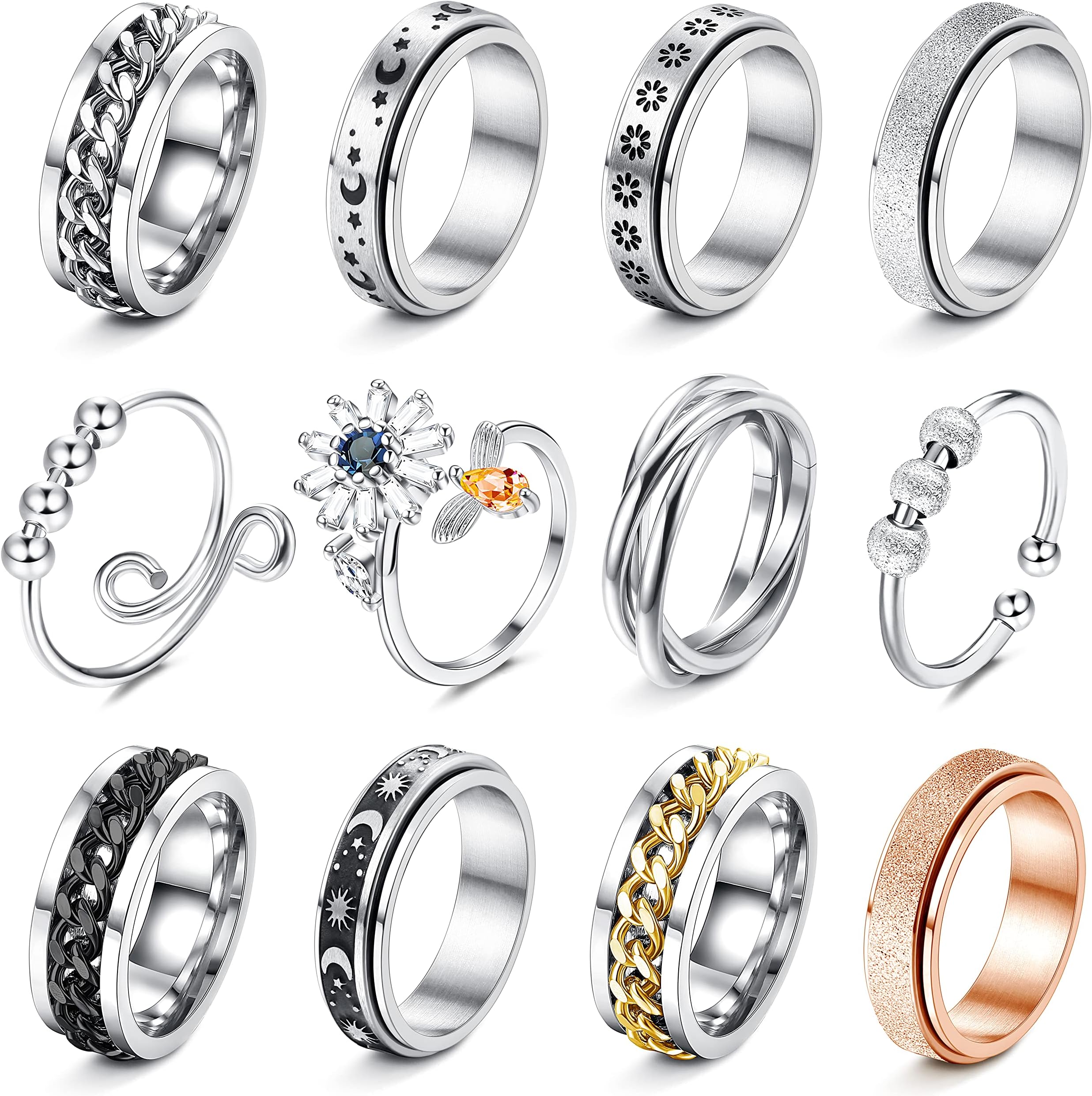 Stainless Steel Fidget Rings for Women Men Anxiety Spinner Ring Size 7