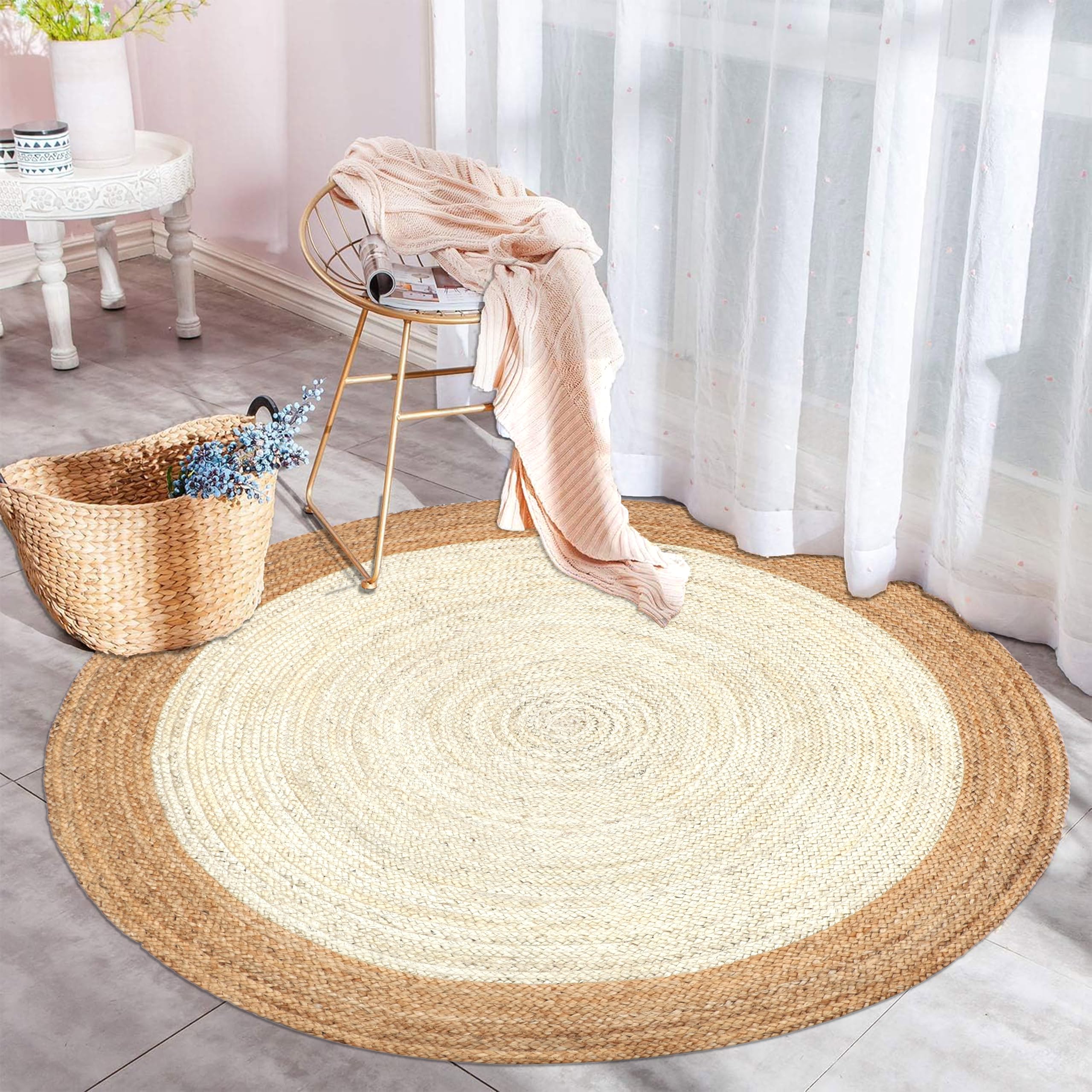 The Home Talk Jute Braided Round Rug - Natural Fiber Rug Rustic Farmhouse Vintage Braided Handwoven Indoor Carpet for Entryway/Kitchen/Frontdoor (White, 120 cm Dia)