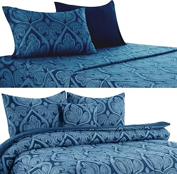 LUX Decor Paisley Navy Blue 4Pc Bed Sheet Set & 4Pc Comforter Set - Breathable Hotel Style Easy Fit Deep Pockets Sheets - Reversible Comforter Bedding Set - Bed in A Bag Twin