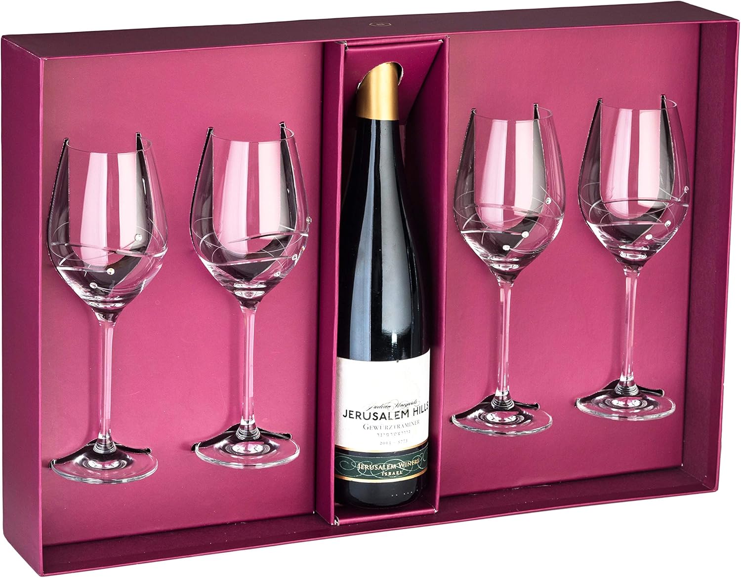 Barski - Handmade Glass - Set of 4 White Wine Glasses with Empty Space in the Center to Fit Your Own Bottle of Wine - Decorated with Real Crystal Diamonds - Gift Boxed - 12.5 oz.- Made in Europe