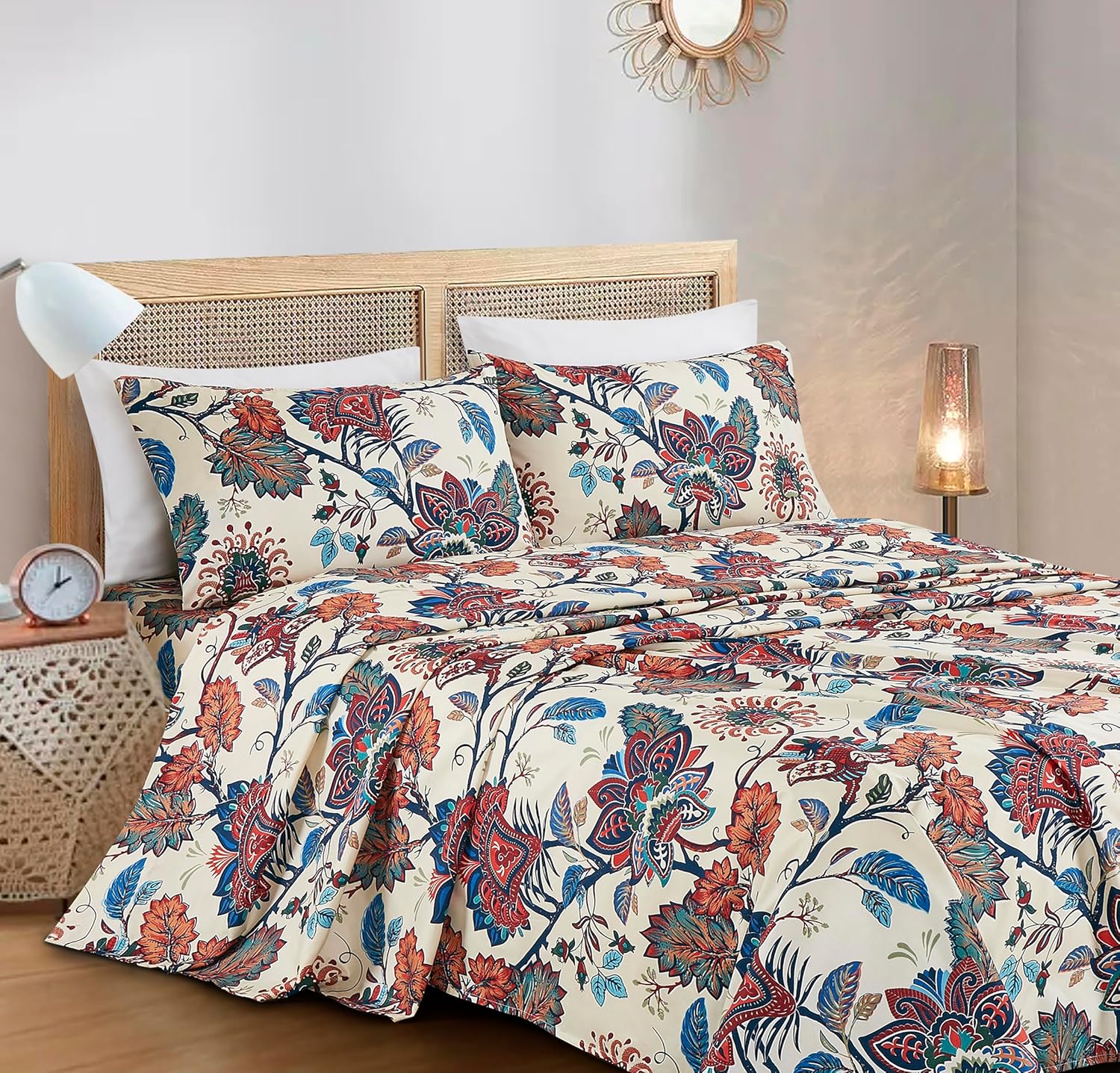Chezmoi Collection Paradise 4-Piece Floral Bed Sheet Set - Multicolor Blue Red Orange Cream Printed Microfiber 14-Inches Deep Pocket Sheets & Pillowcases Set, King