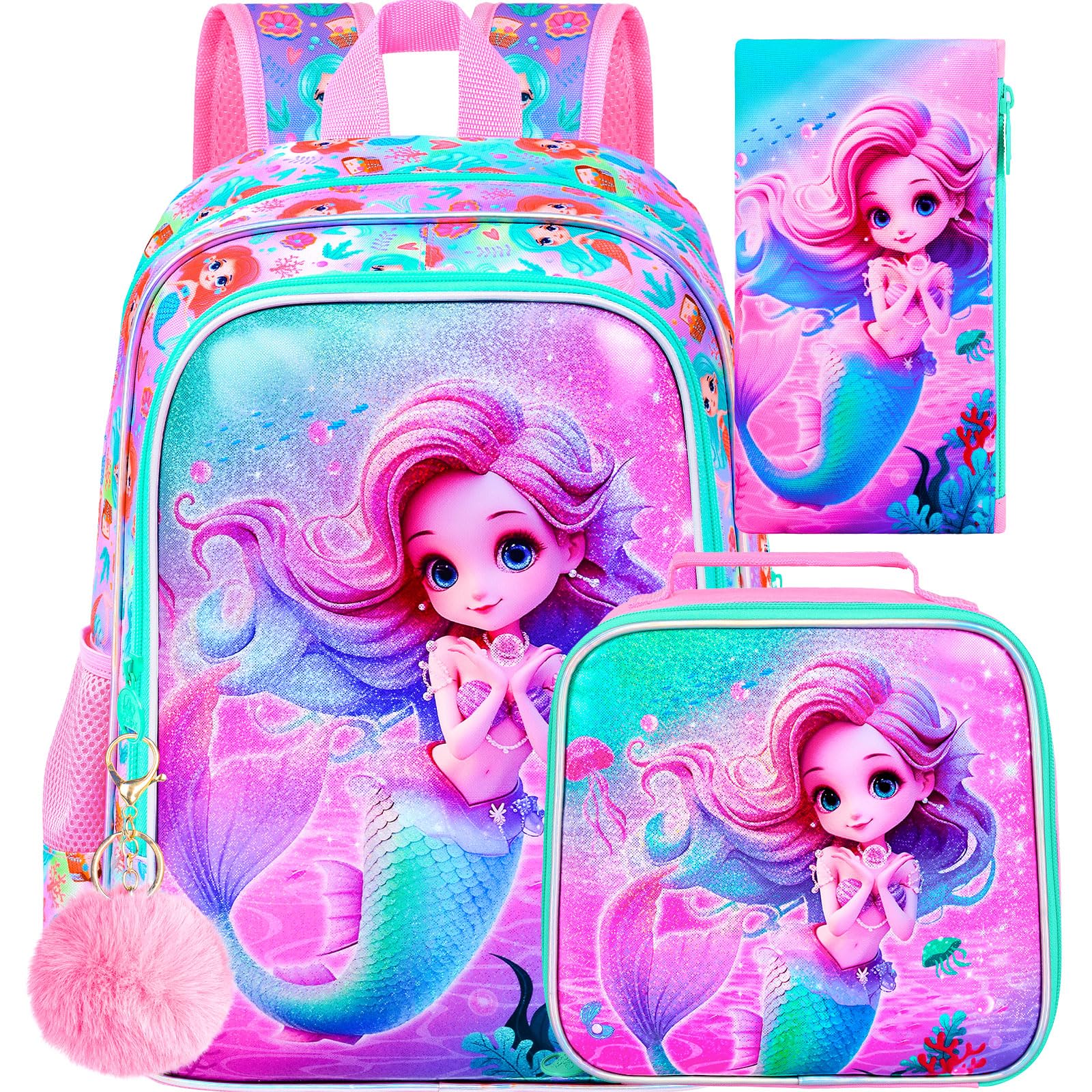 UFNDC 3PCS Mermaid Backpack, 16" Girls Unicorn Bookbag with Lunch Box for Kids, Water Resistant School Bag for Elementary Preschool Toddler