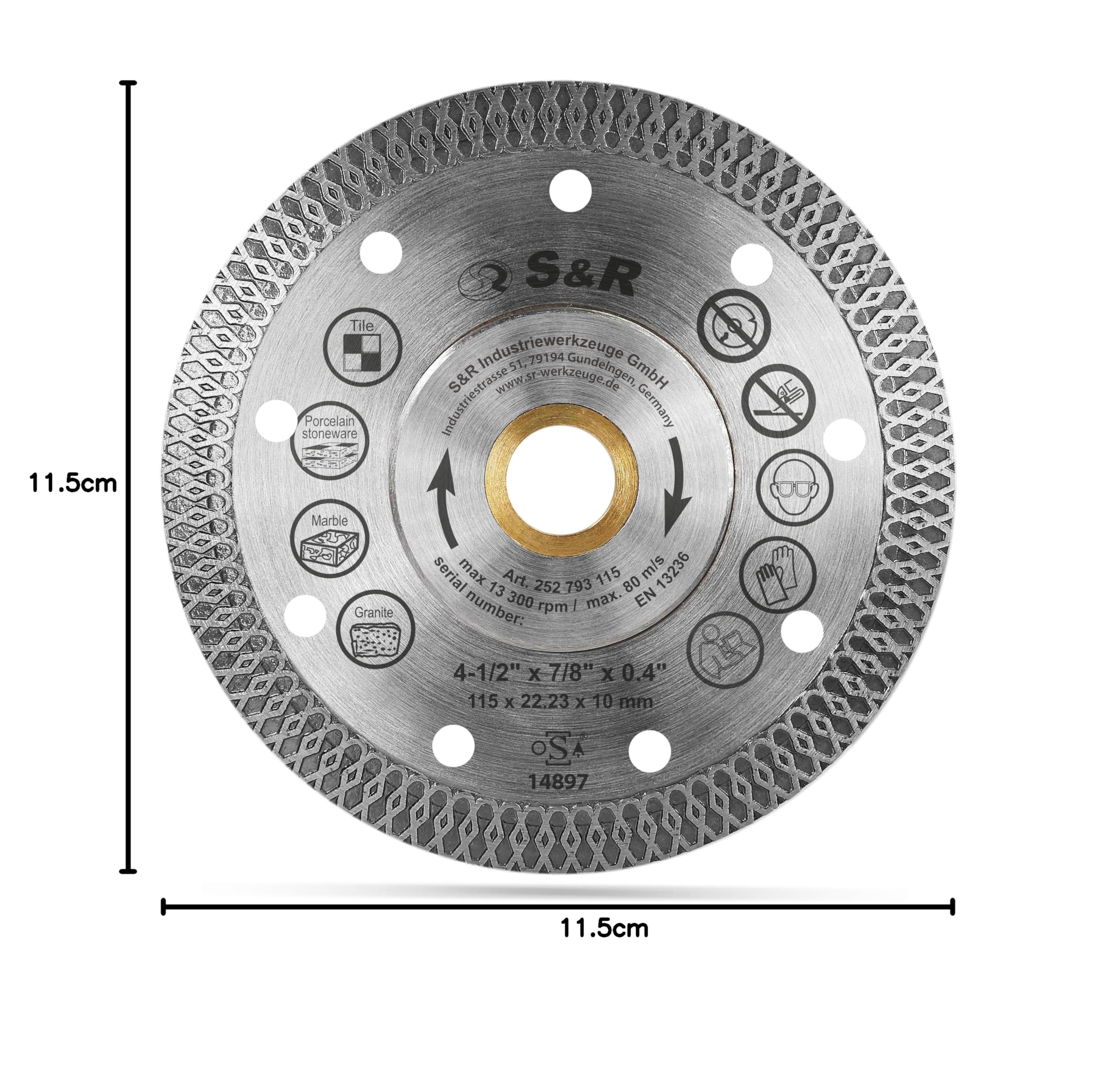 S&R Disco Corte Porcelanico 115 Disco Diamante 115mm Azuleos Cerámica Baldosas Granito y Mármol. Disco Porcelanico 115 Radial diamantado para Amoladora 115 y 125 Bosch Ruby Makita Dewalt