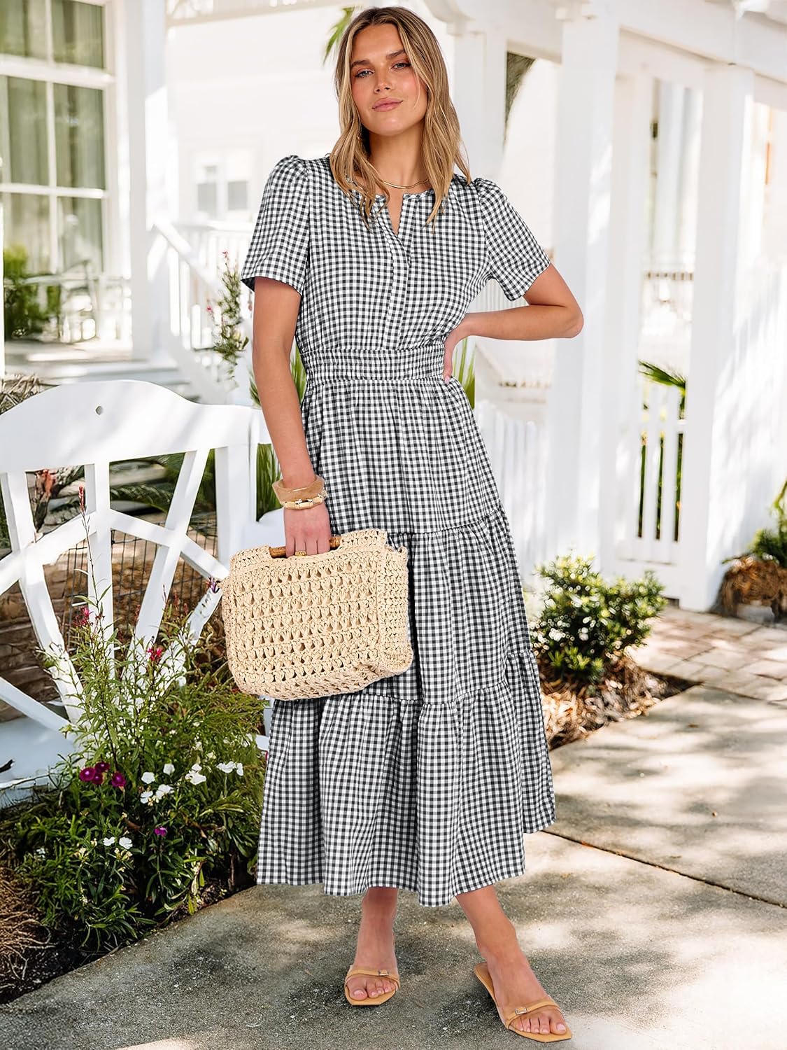 Caracilia Womens Summer Maxi Dresses 2026 Spring Casual V Neck Short Sleeve Gingham Flowy A-Line Beach Vacation Party Dress - Image 6