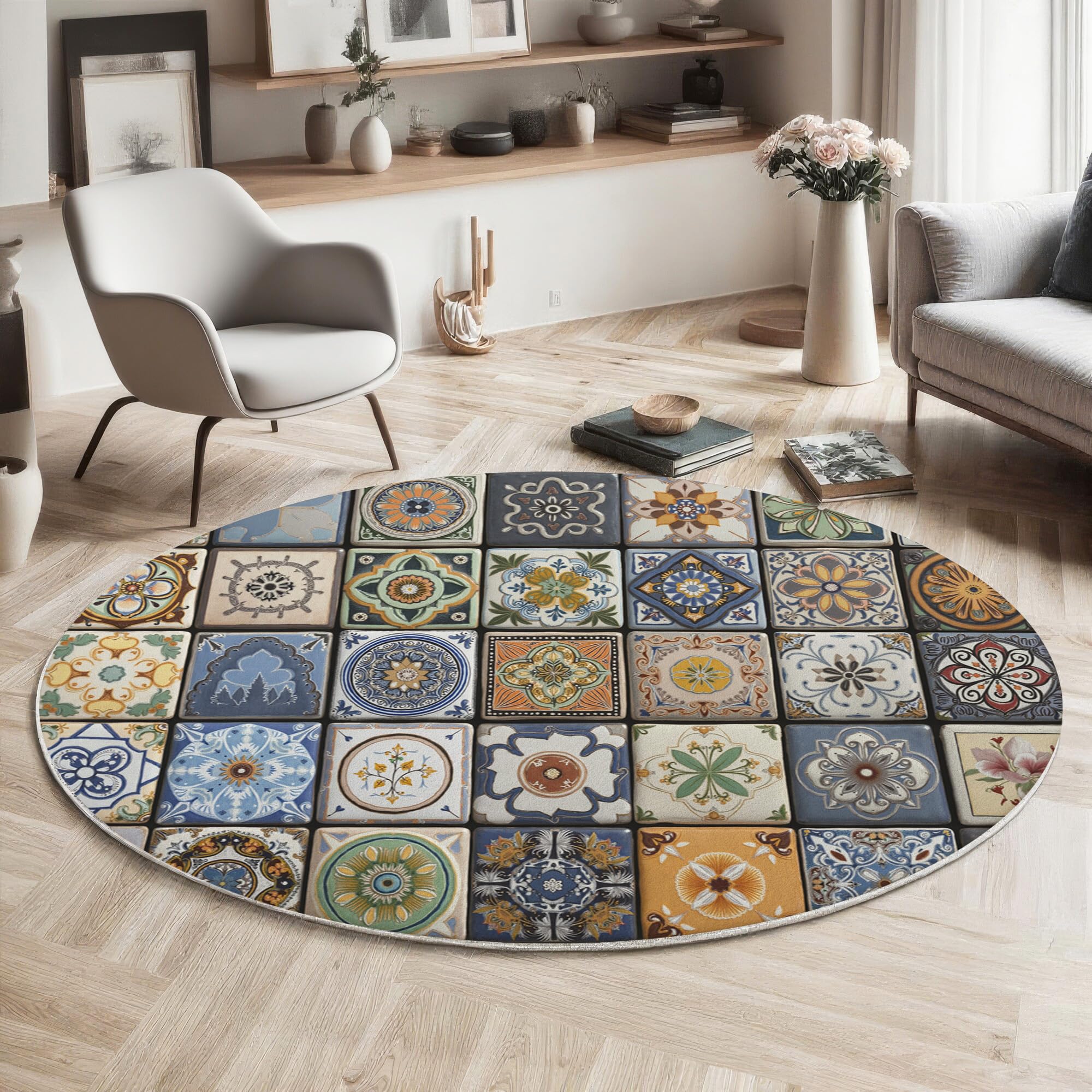 Tapis rond 180cm poil ras vert à carreaux méditerranéens pour salon