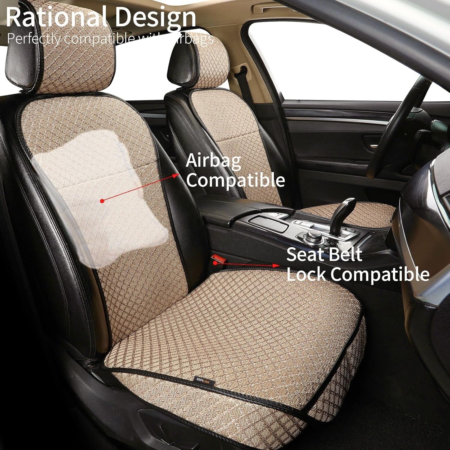 Breathable Car Seat Cover,Luxury Front Seat Cover,Durable and Non Slip,Polyester Silk Material, Universal Car Seat Cushion,Suitable for All Seasons,Airbag Compatible(Beige，2PCS)