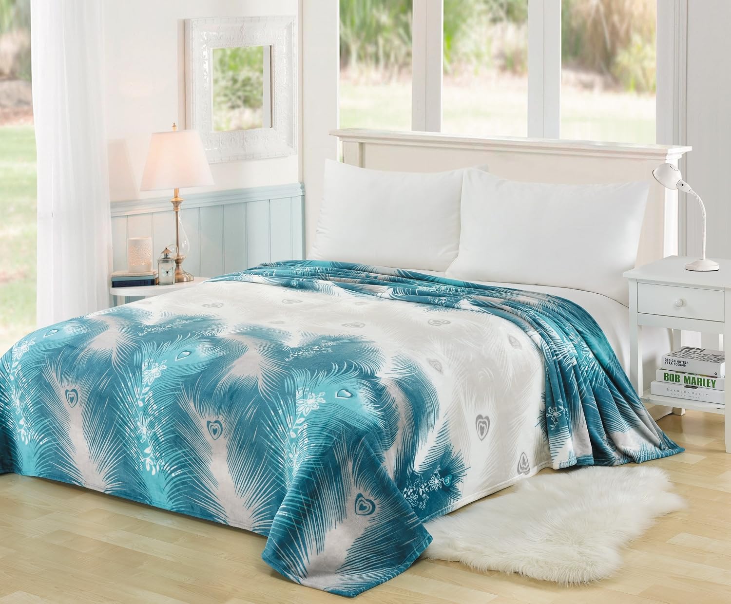 CaliTime Super Soft Throw Blanket for Bed Sofa Couch, Cozy Warm Flannel Fleece Luxury Peacock Feathers, Teal Grey, Throw