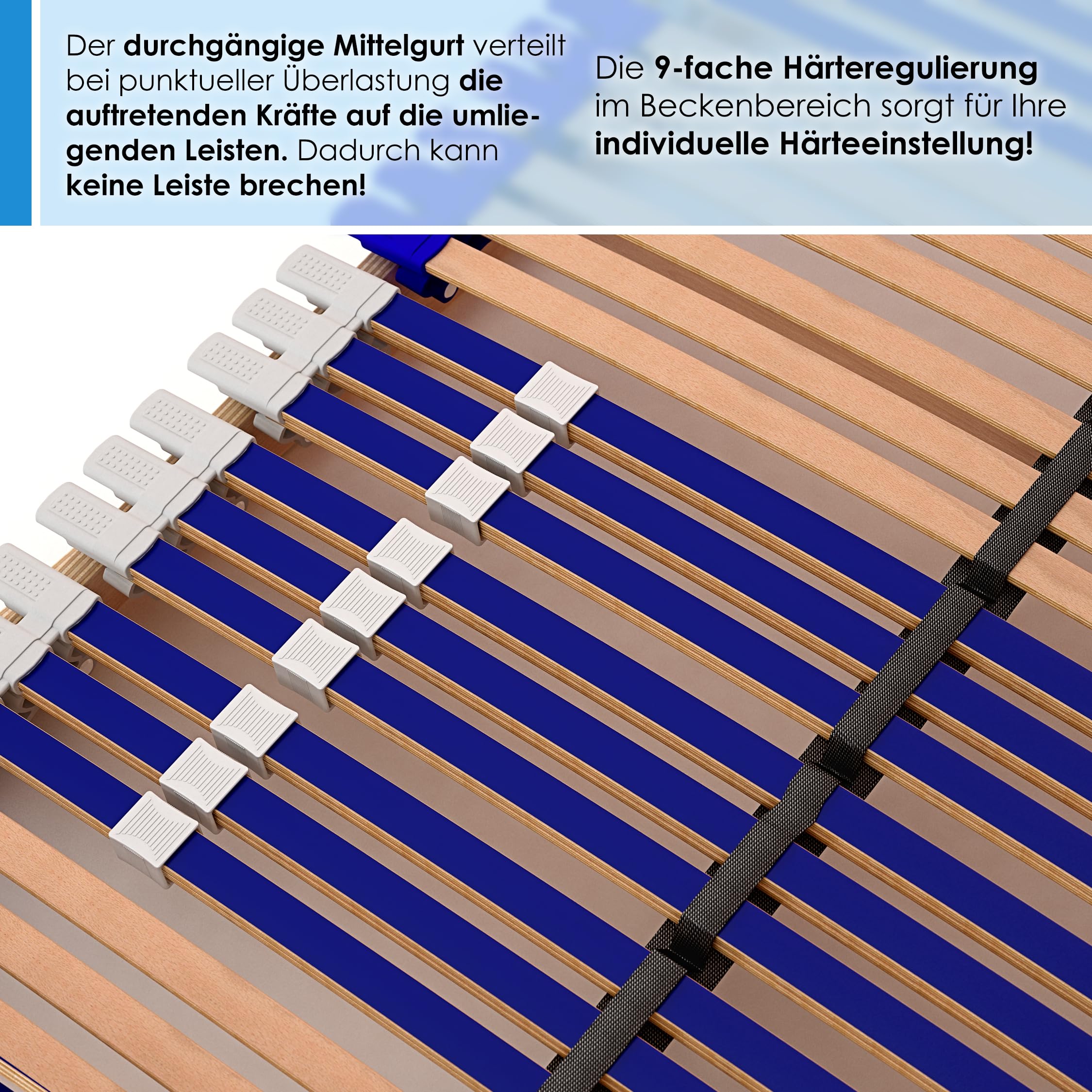 stabiler Lattenrost 100% BUCHE Lattenrahmen - nicht verstellbar, starr - SCHULTERFRÄSUNG, 7 Zonen, 44 Federleisten, Härte-Regulierung, Mittelgurt - FIX COMFORT 44® - fertig montiert (90x200cm)