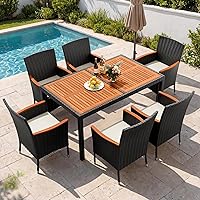Vista 8 de Devoko Juego de comedor de patio al aire libre, 9 piezas, mesa de comedor y sillas de mimbre con mesa de madera de acacia y reposabrazos ampliados