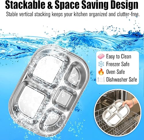 Miniatura 4 de KH866 Paquete de 2 bandejas divididas de acero inoxidable  5 secciones de tamaño pequeño compacto plato para servir cena, aperitivos, platos de