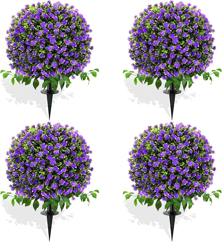 Artificial Boxwood Topiary Trees with Roses, 4 Pack Lifelike Evergreen Shrubs Featuring Ground Spike, Artificial Plants UV Protected for Year-Round Beauty in Indoor Outdoor Gardens and Porches