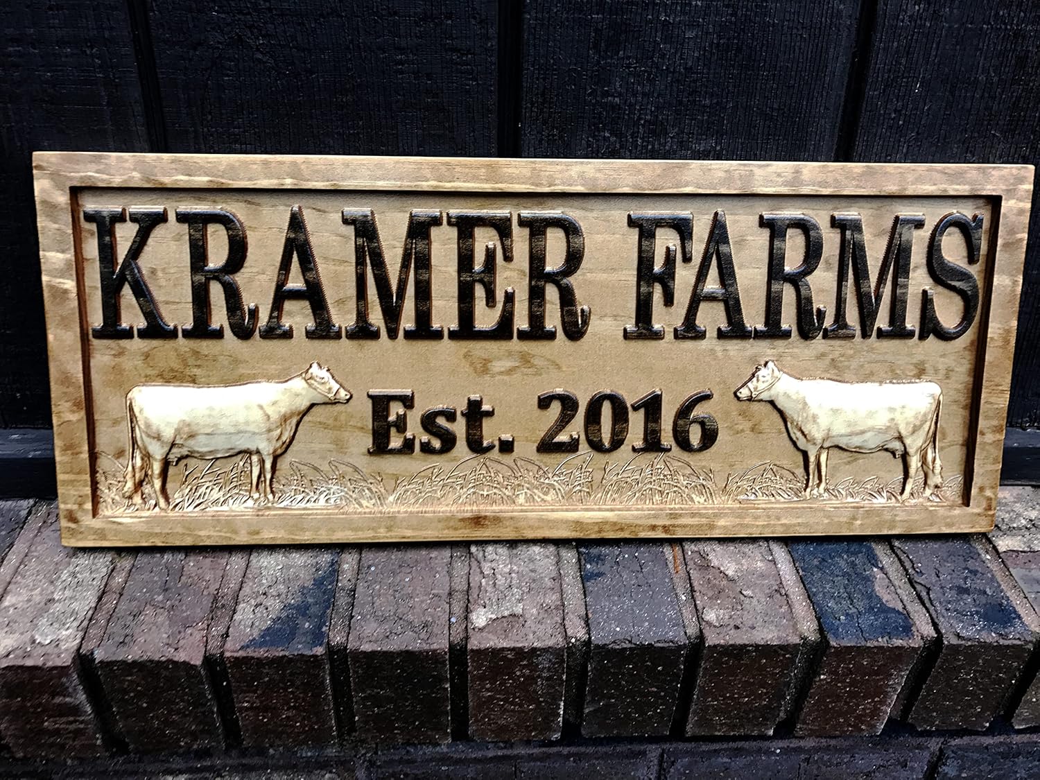 Personalized Farm Sign | Custom Farmhouse Decor | Wooden Farmer Gift | Wood Wall Family Name Sign | Established Cow Sign | Carved Farmhouse Sign | Cattle Decor | Outdoor Farm Sign