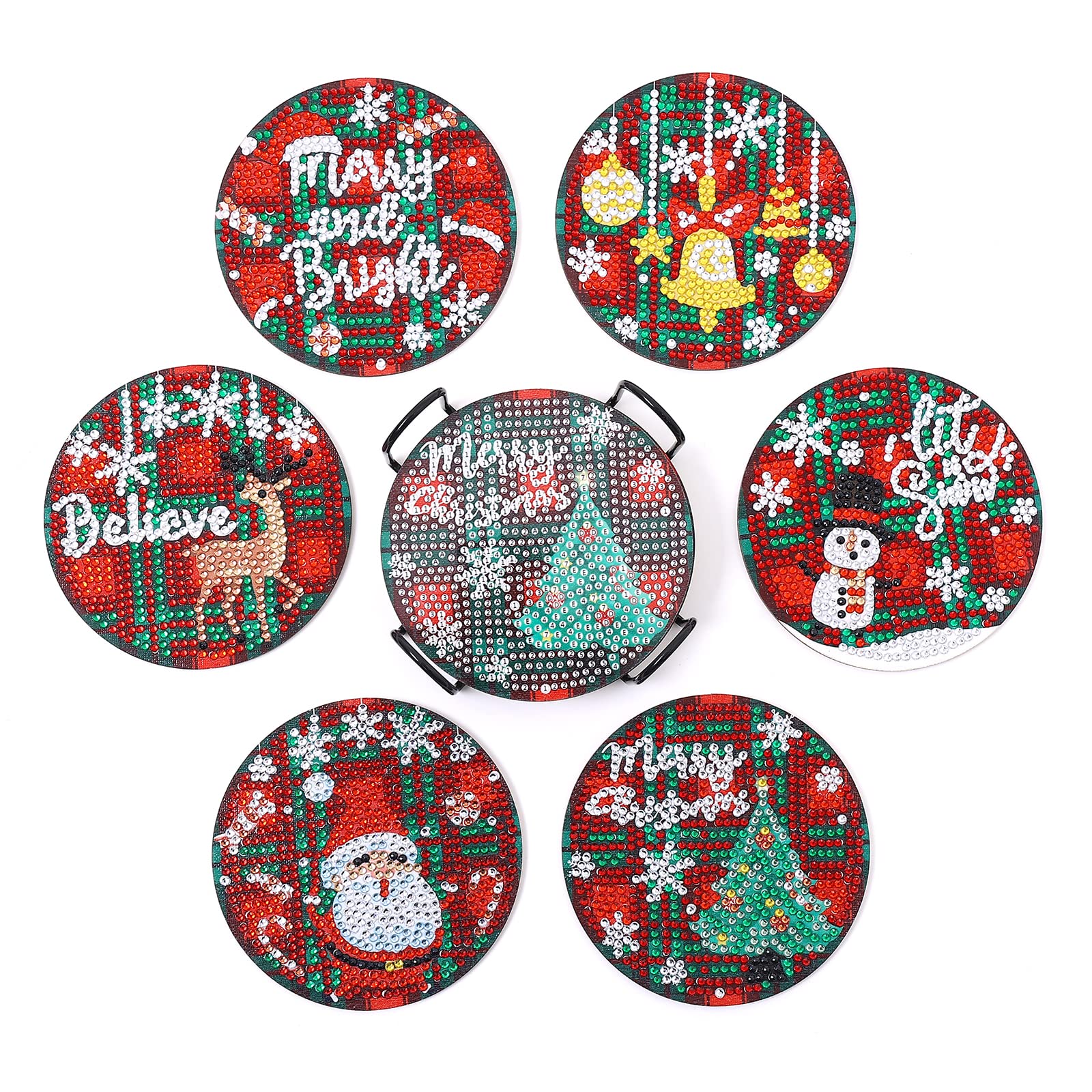 DIY Diamond Art Coasters to Make Set of 6 with Holder, WOWDECOR 5D Santa Claus Diamond Painting Coasters Kits Crystal Art Coaster for Car Cups Drinks Home Bar