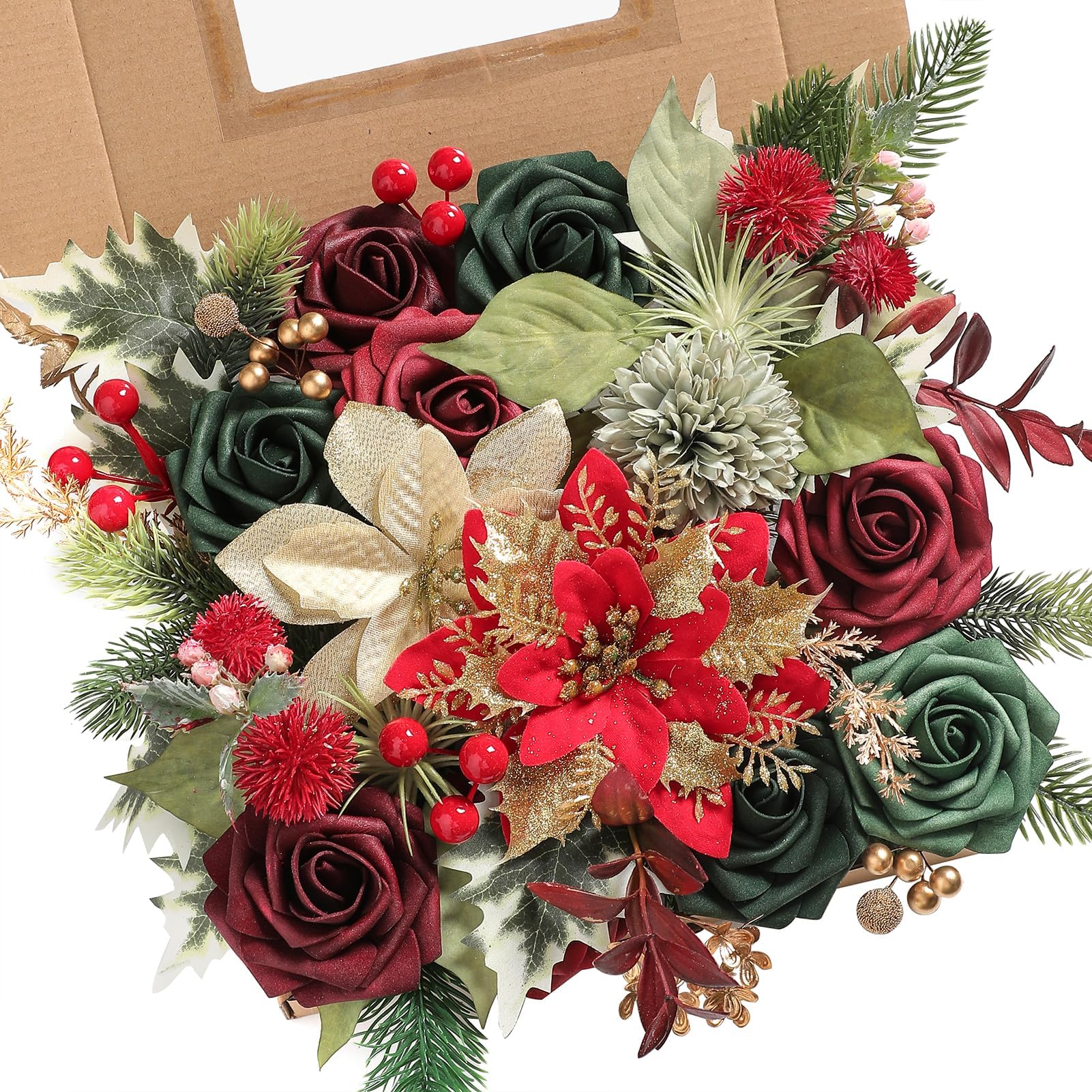 Serra Flora - Box of Artificial Christmas Flowers and Leaves Bulk with Stems Crafts Christmas Tree Ornaments Christmas Wreath Floral Arrangements
