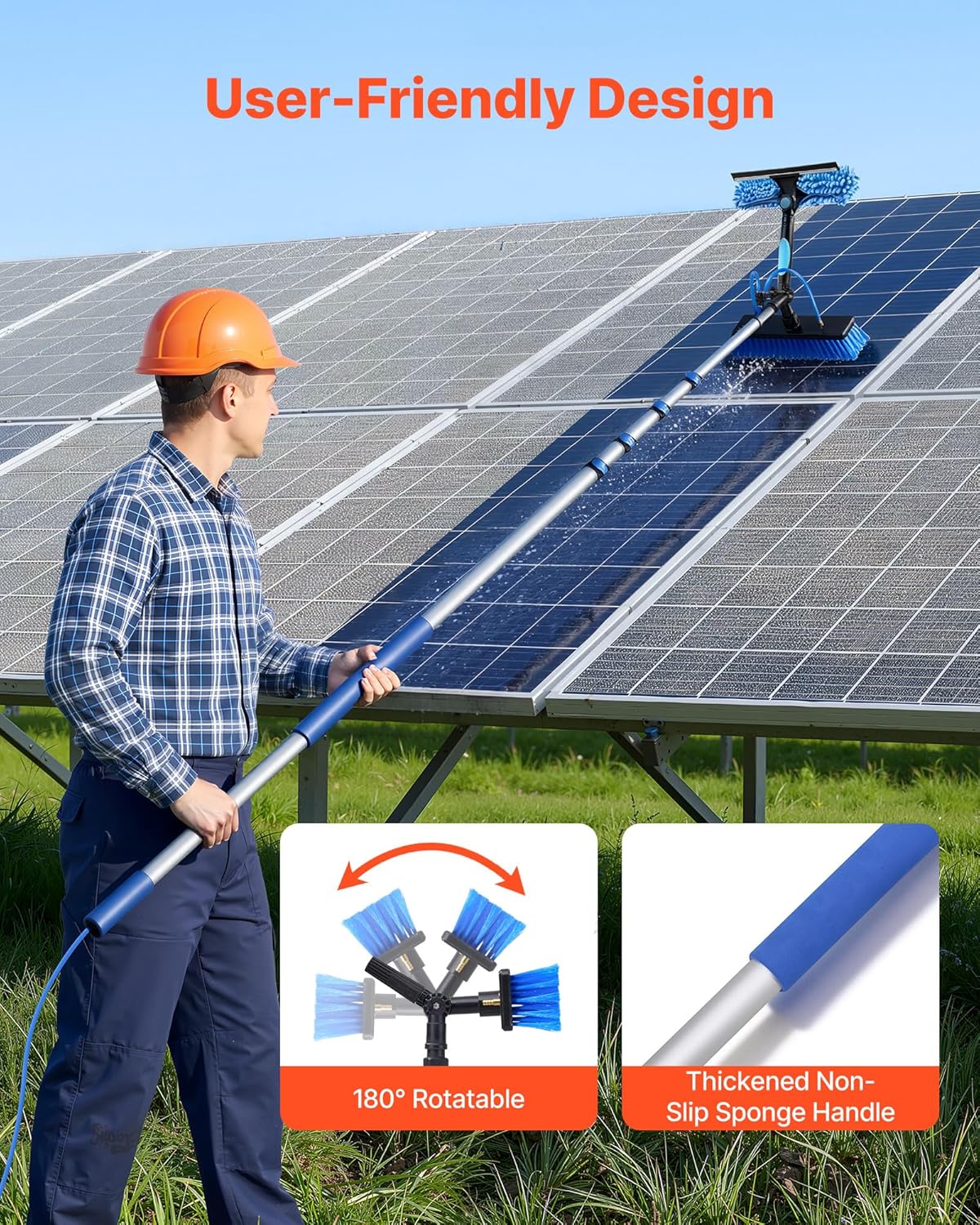 VEVOR Solar Panel Cleaning Kit, 24 ft, Water Fed Pole Kit with Cleaning Brush, Soap Dispenser, Extendable Aluminum Telescopic Pole, 180° Rotatable Brush Head, for Roof Mounted Solar Panels, Windows