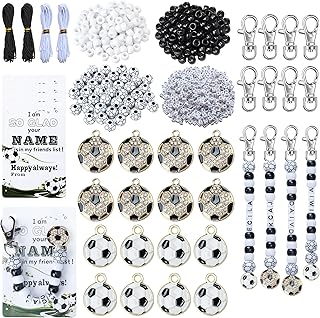 Tuhangcc 500 Pcs Soccer DIY Keychain Making Kit, Adjustable Letter Alphabet Beads Strings, 16 Charm Cards with Lobster Clasps & Strings for Sport Theme Party Favor Gift (Soccer)