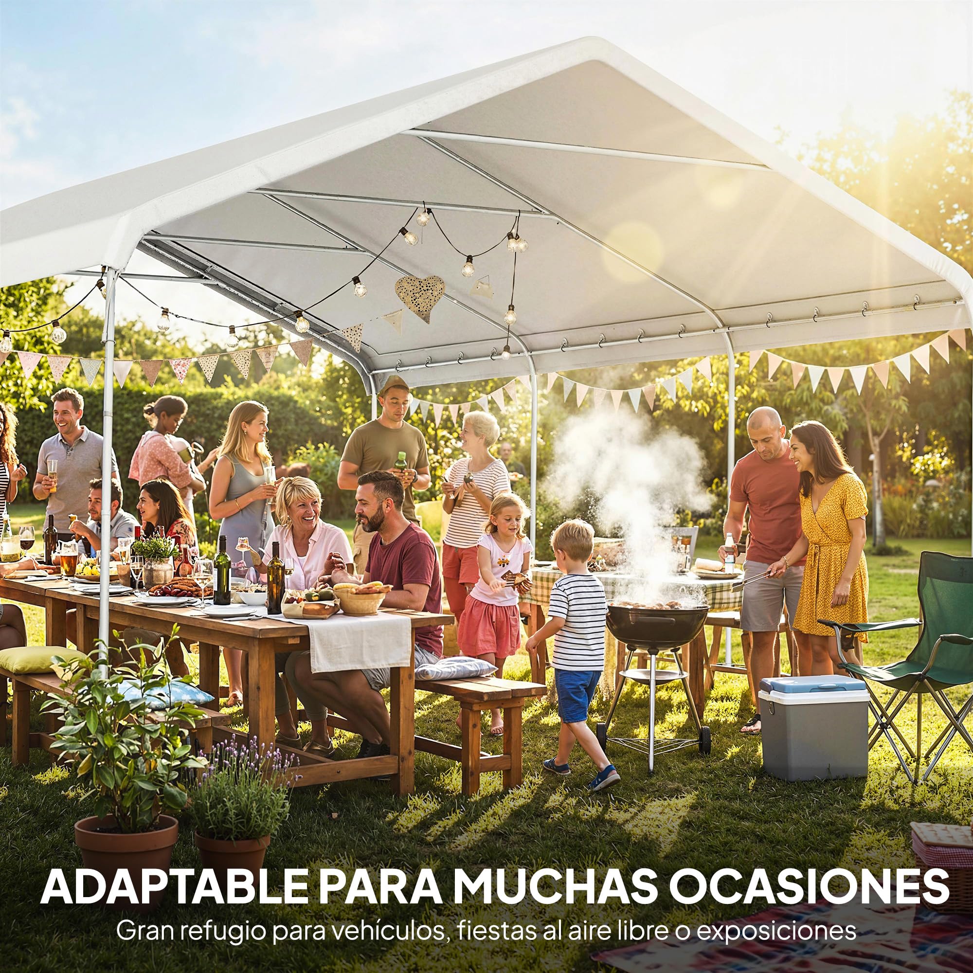 Outsunny Carpa Garaje Portátil 5x6 m Impermeable para Coche Blanco Crema | Estructura de Acero Galvanizado, Toldo Resistente Anti-UV, Garaje Exterior, Cobertizo para Herramientas de Jardín