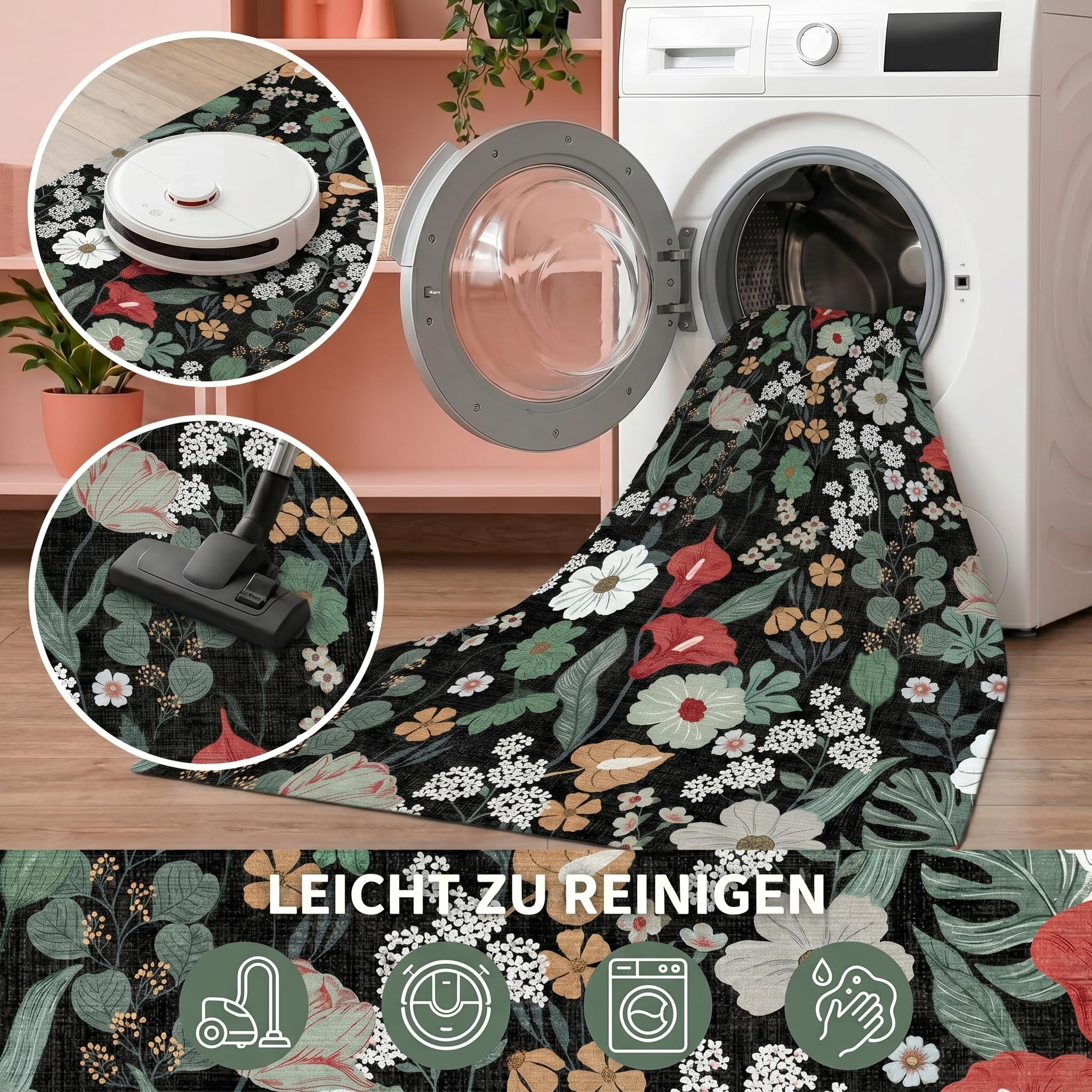 Teppich Schwarzer Wohnzimmer Waschbar 140x200 Boho Floral Kurzflor Teppich mit Weißen Roten Blumen Rutschfest & Weich Indoorteppich Extra DüNn Groß Teppiche für Haushalte mit Kindern & Haustieren
