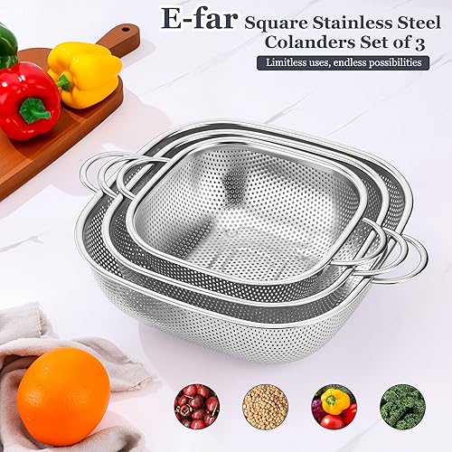Miniatura 7 de E-far Paquete de 3 coladores para cocina, colador cuadrado de metal de acero inoxidable con asa para drenar alimentos, pasta, verduras,