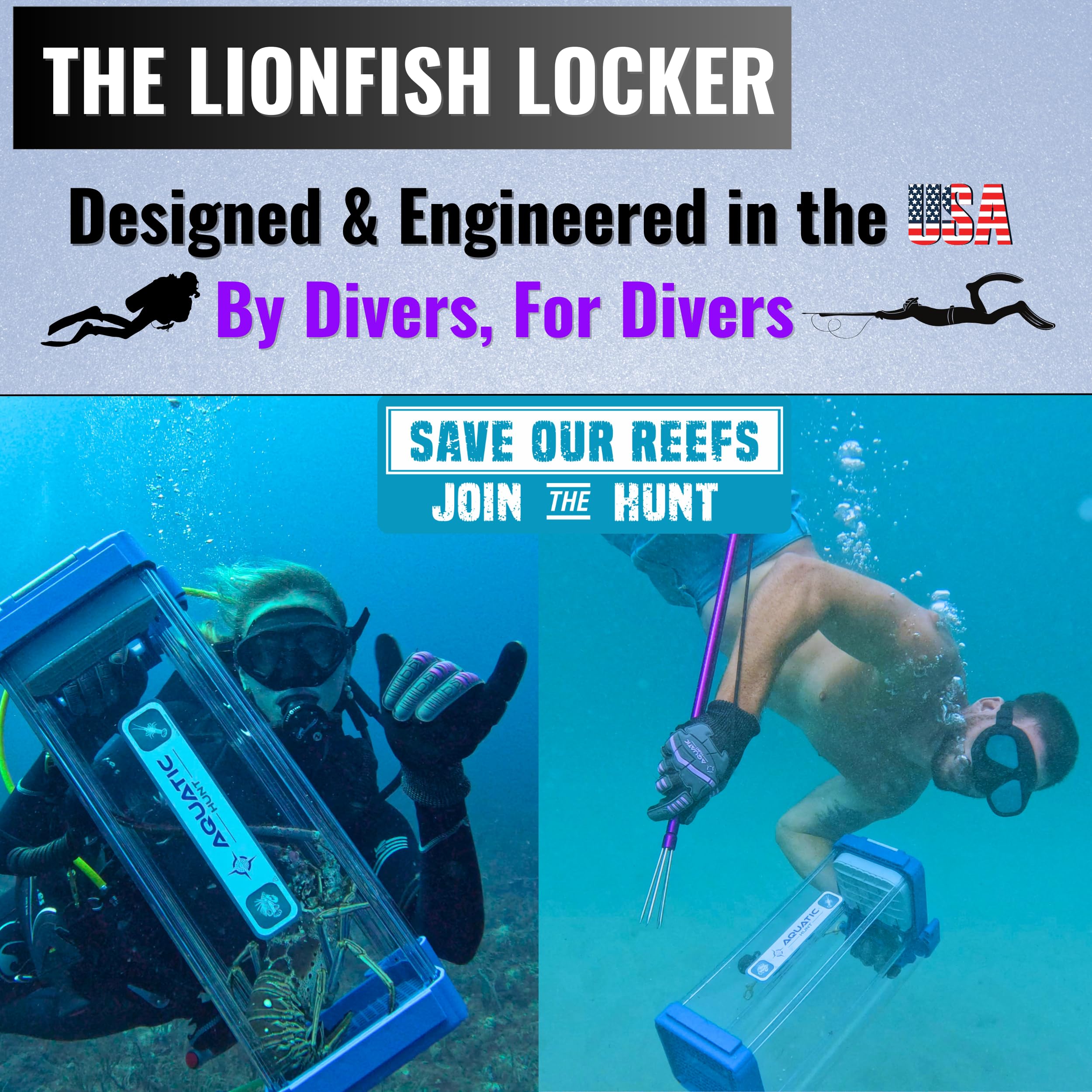 Aquatic Hunt Pro Lionfish Locker High-Capacity Lionfish Containment Unit for Divers | Fast Drainage, Spear/Snare Storage, Durable & Versatile for Lionfish Hunting & Lobster Collection (Blue), 30''