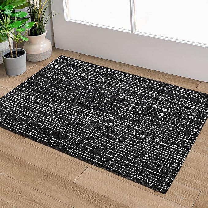 Fixseed Small Boho Rug 2 x 3 Cotton Rugs Washable Black White Kitchen
