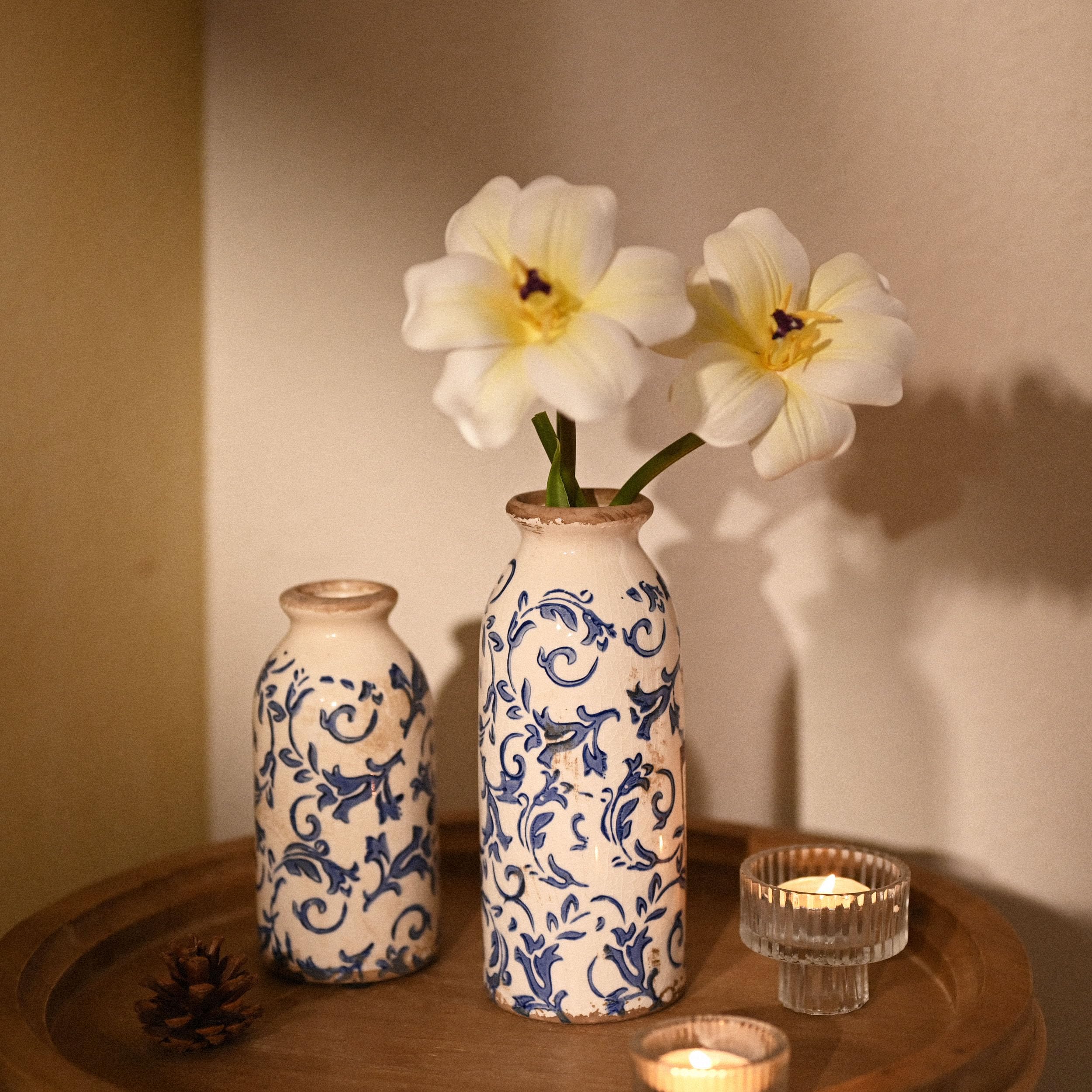 Victor & Teresa Keramikvase Set – Blau & Grau, Craquelé-Oberfläche, Rustikal Für Blumen Oder Pampasgras, 20,3 Cm